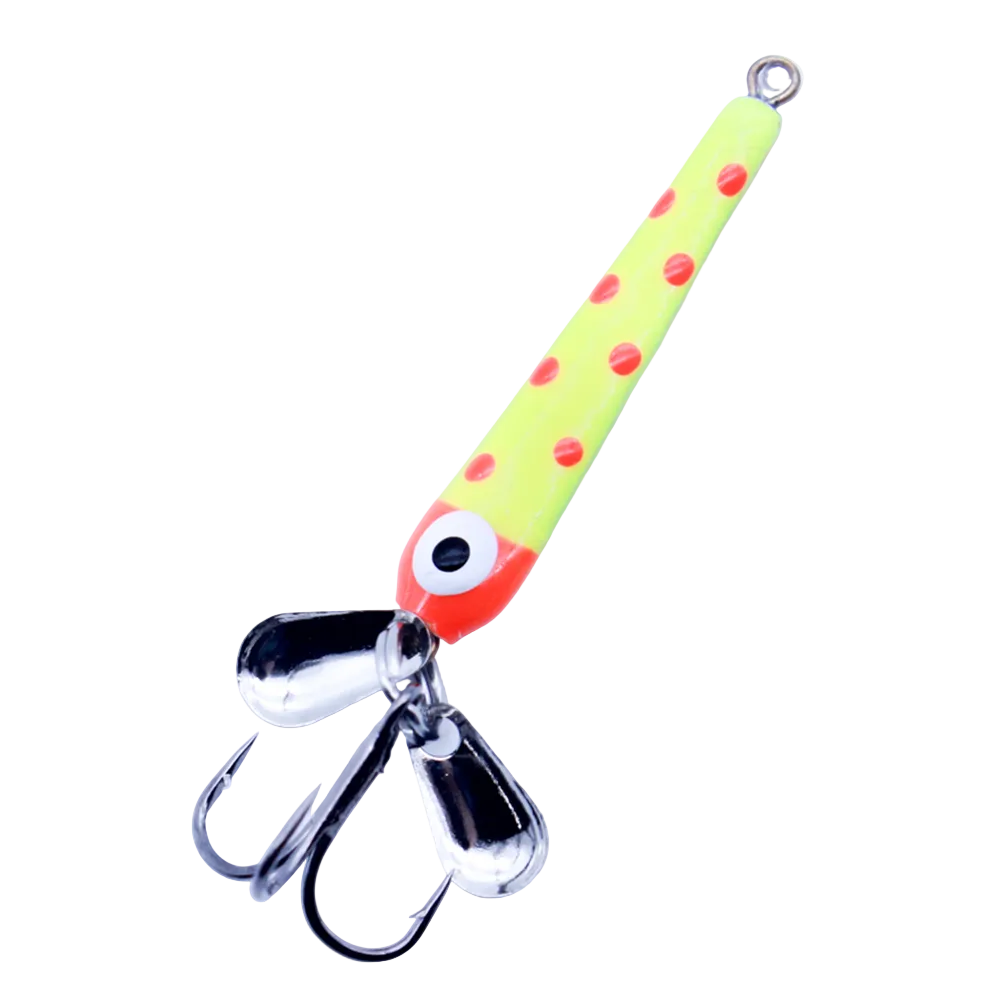 Widow Maker Slab Seeker Tungsten Spoon fishing lure with bright yellow body, red spots, eye detail, and two sharp treble hooks with shiny silver spinner blades.