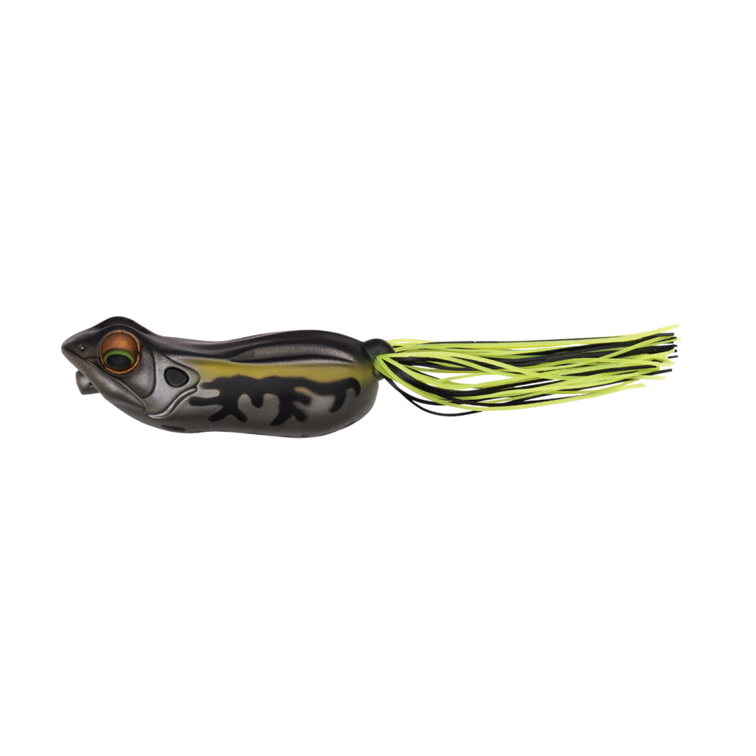 Megabass Big Gabot fishing lure designed with a frog-shaped body in black and green tones, featuring realistic eyes and trailing yellow and black rubber skirt strands.