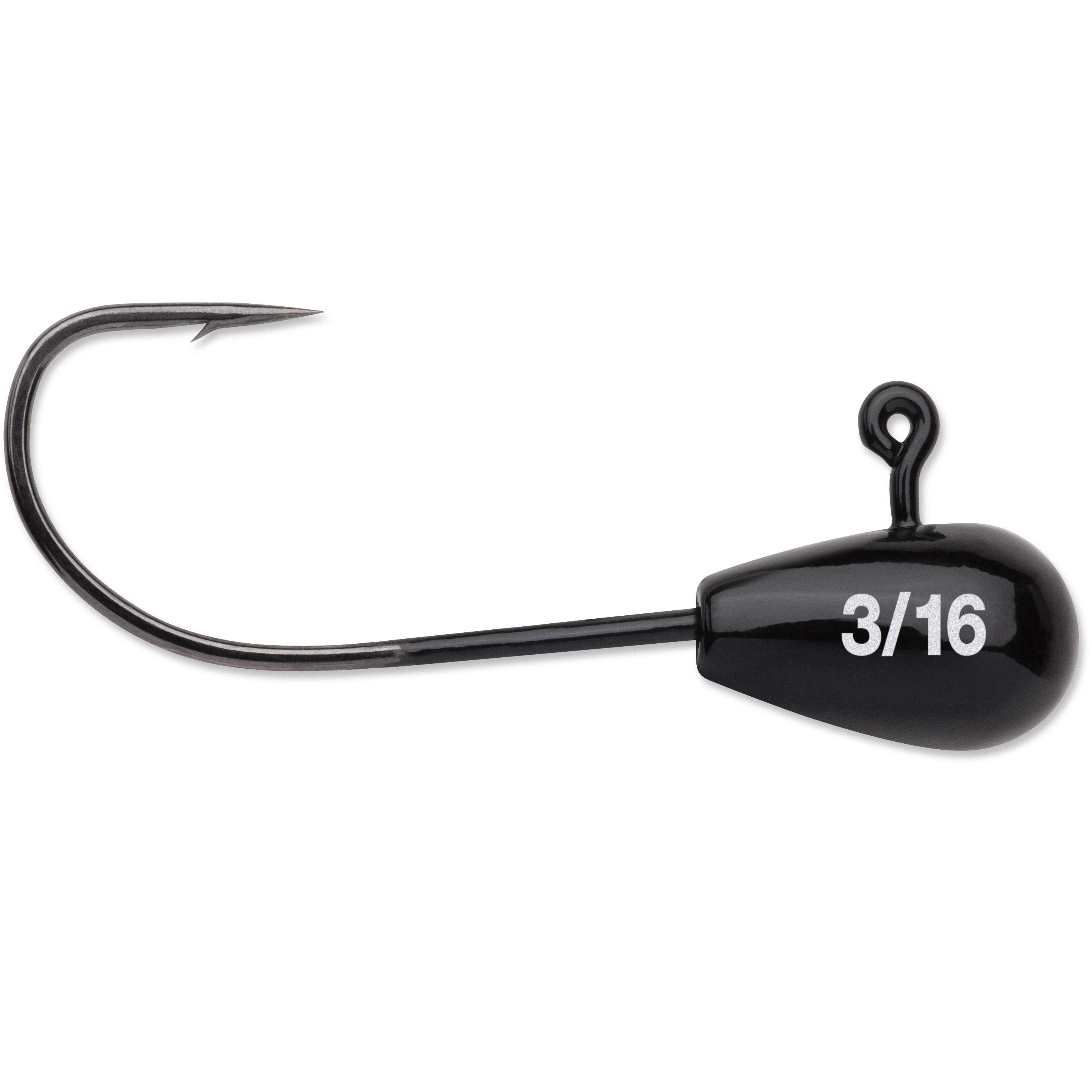 Close-up of a black 3/16-ounce VMC Finesse Tube Jig fishing lure with a sharp hook, designed for precision fishing tackle and effective bait presentation.