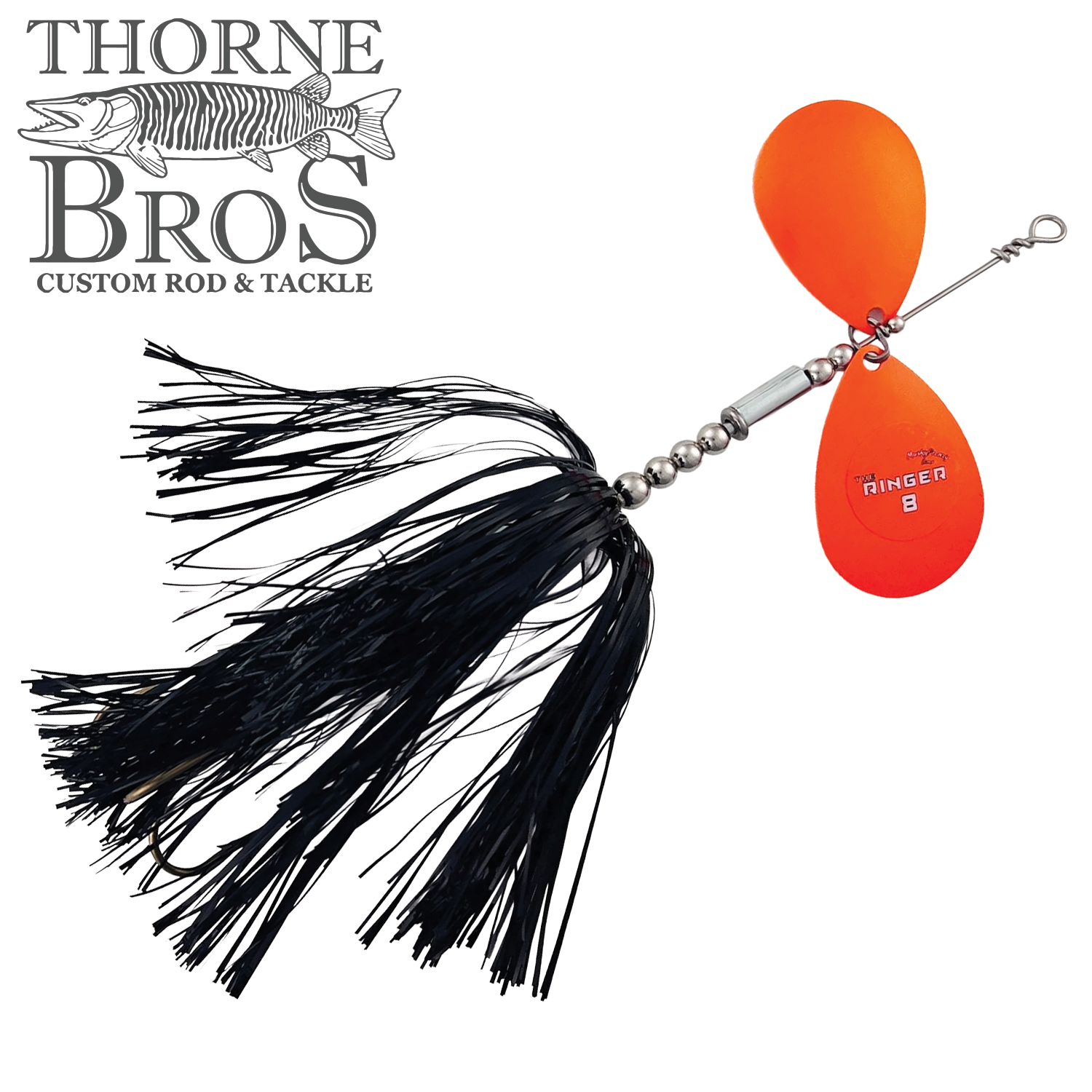 Musky Frenzy The Ringer 8 fishing lure with vibrant orange twin blades and long black skirt designed for musky fishing, featured by Thorne Bros custom rod and tackle.