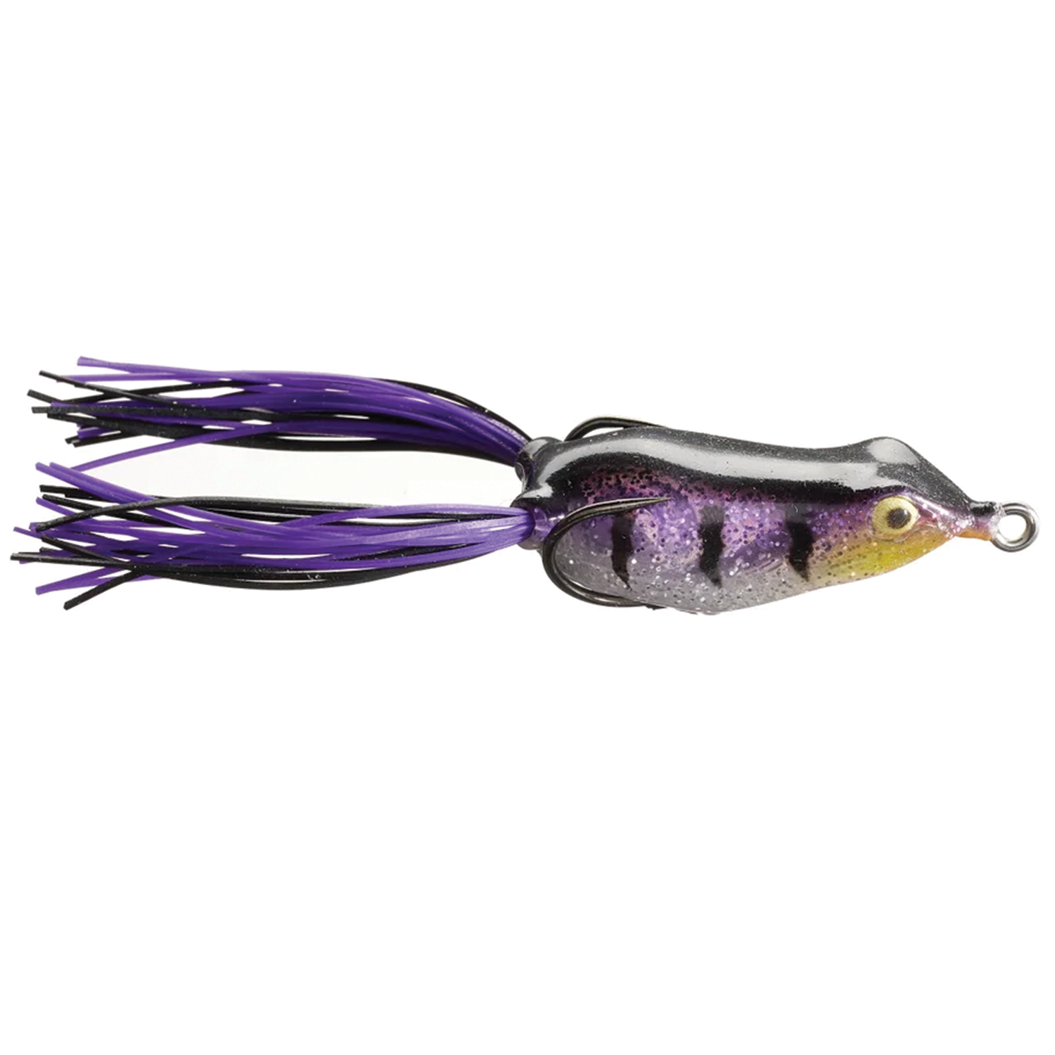 Copper Red Baits Ripple Frog fishing lure with a detailed frog-shaped body in purple and black tones, featuring flexible purple rubber skirt strands for lifelike movement in water.