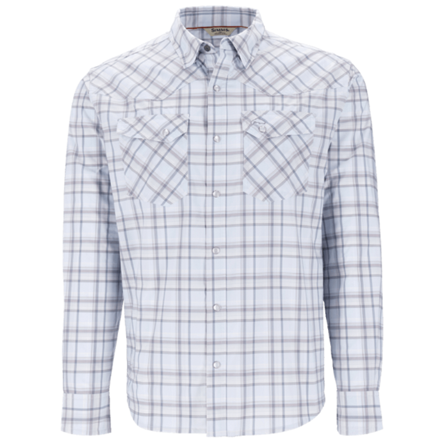 Simms Brackett LS Shirt - Men's textured long-sleeve button-up shirt with a light gray and white plaid pattern, featuring two chest pockets and a classic collar, ideal for fishing and outdoor activities.