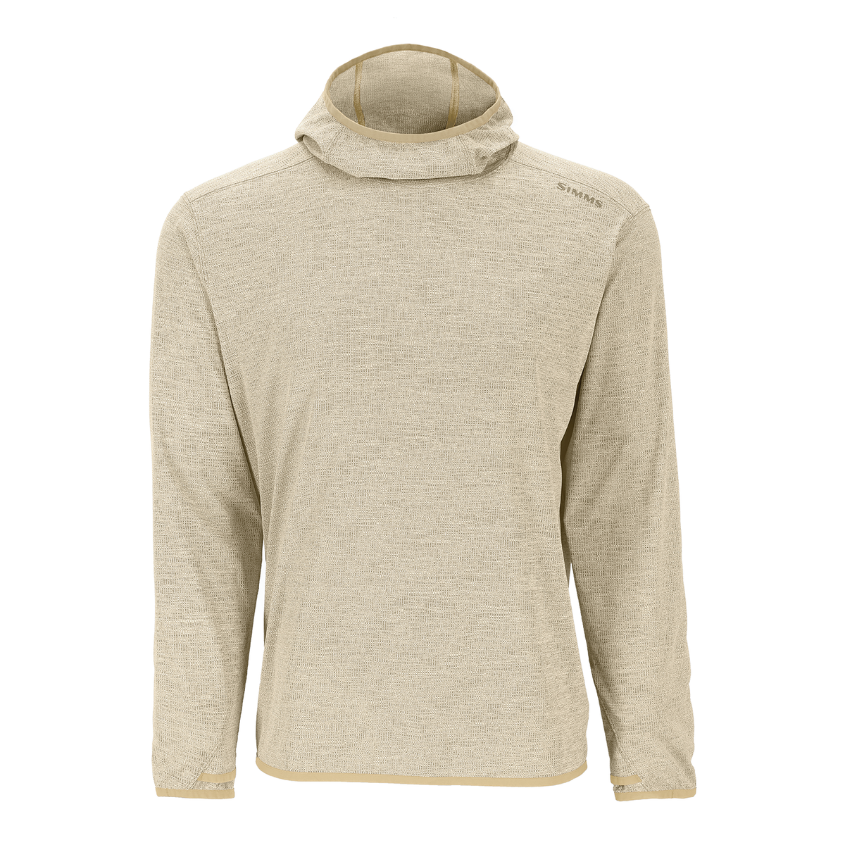 Simms Stone Cold Hoody - Men's beige long sleeve fishing hoodie with a high neck and lightweight fabric shown from the front against a white background