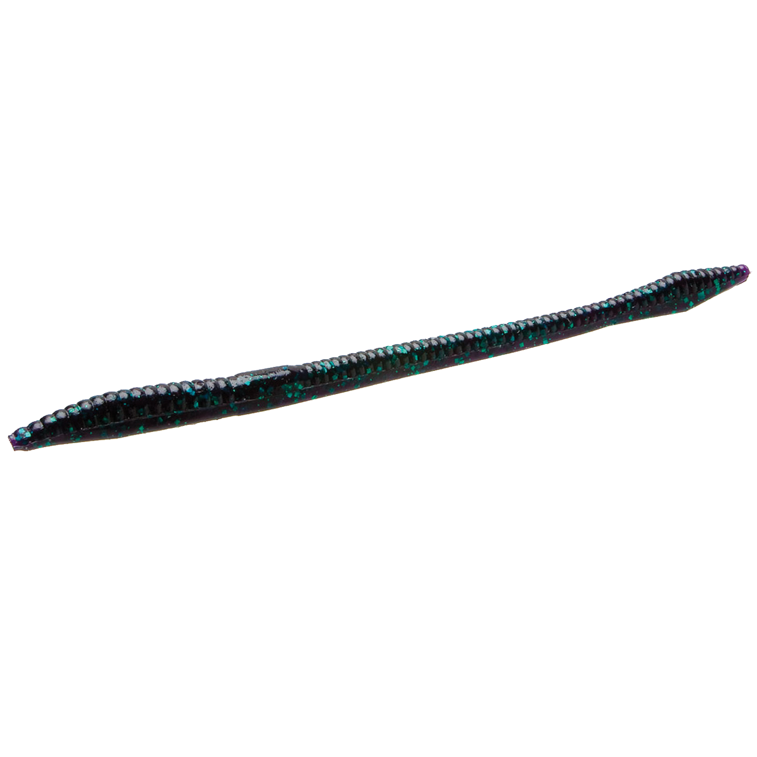 Zoom Bait Company Trick Worm fishing lure in dark color with green and purple flecks, designed for use as fishing tackle in freshwater fishing.