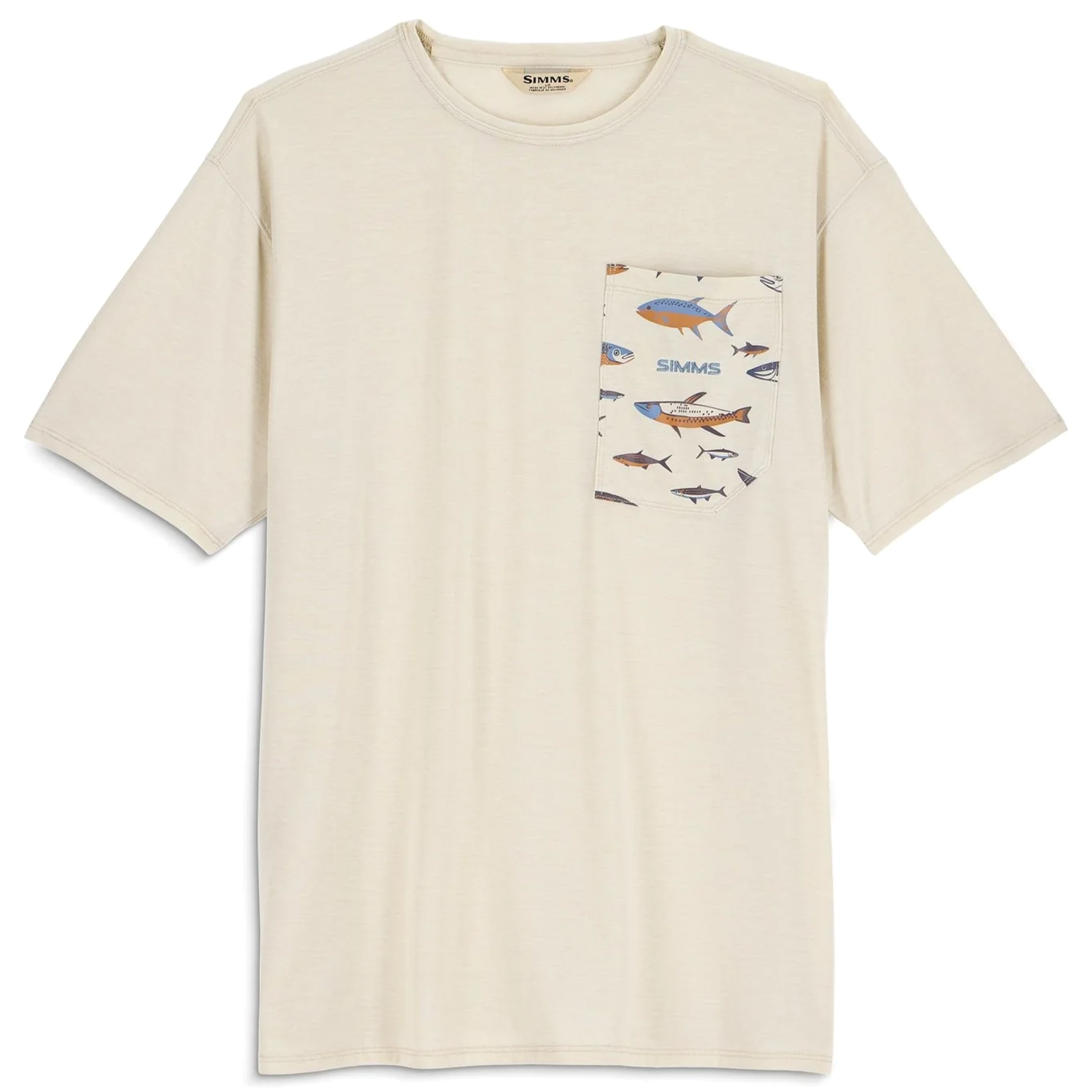 Simms Harbor Lightweight Pocket T-Shirt - Men's in light beige with a crew neck and short sleeves featuring a front pocket printed with colorful fish illustrations and the SIMMS logo.
