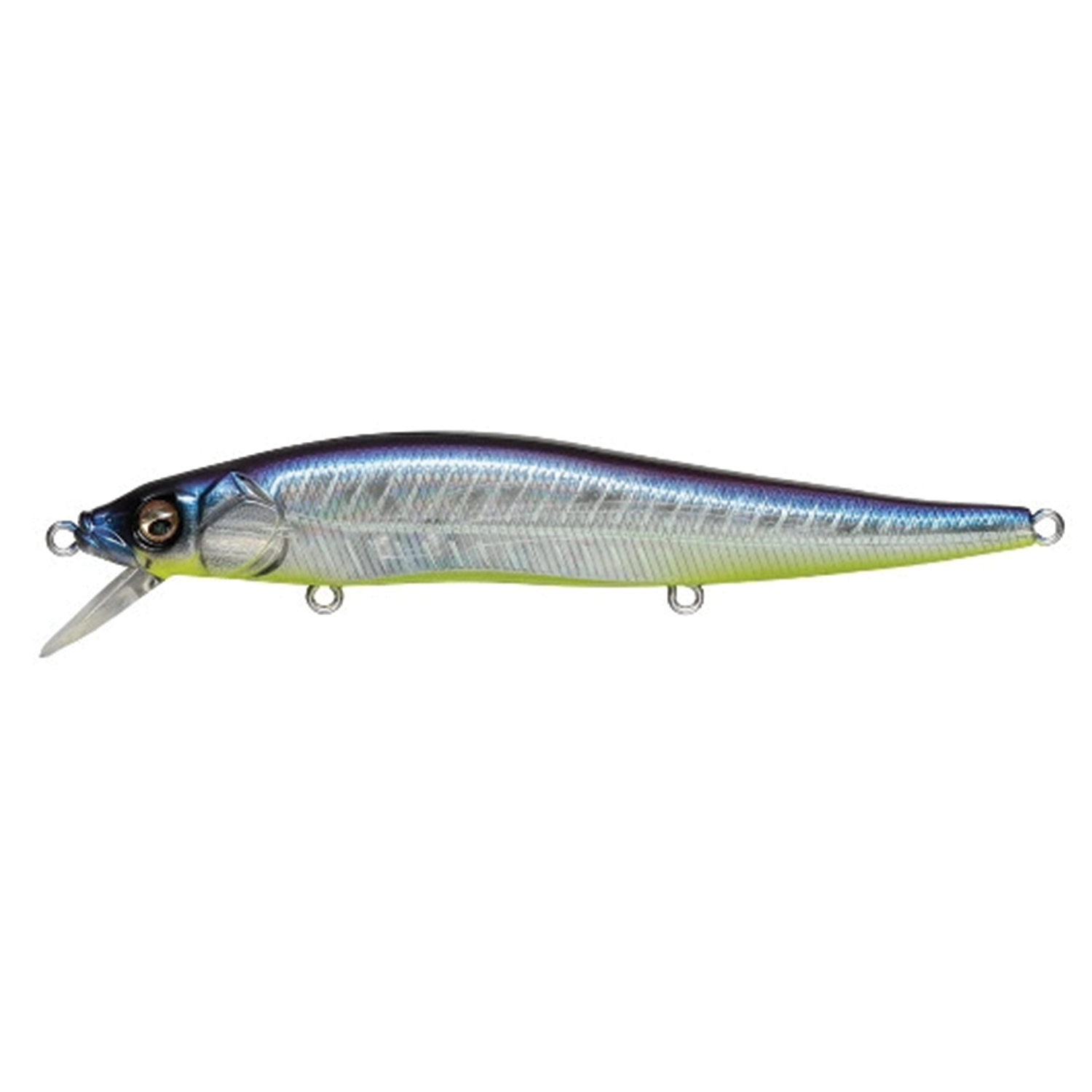 Megabass Vision 110 fishing lure in blue and silver tones with realistic fish scale pattern and lifelike eyes designed for freshwater fishing tackle.