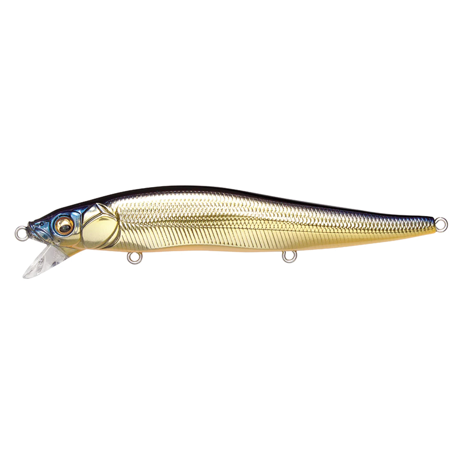Megabass Vision 110 SR fishing lure with a streamlined, fish-like design featuring a shiny gold body, dark back, and detailed textured scales for realistic presentation.