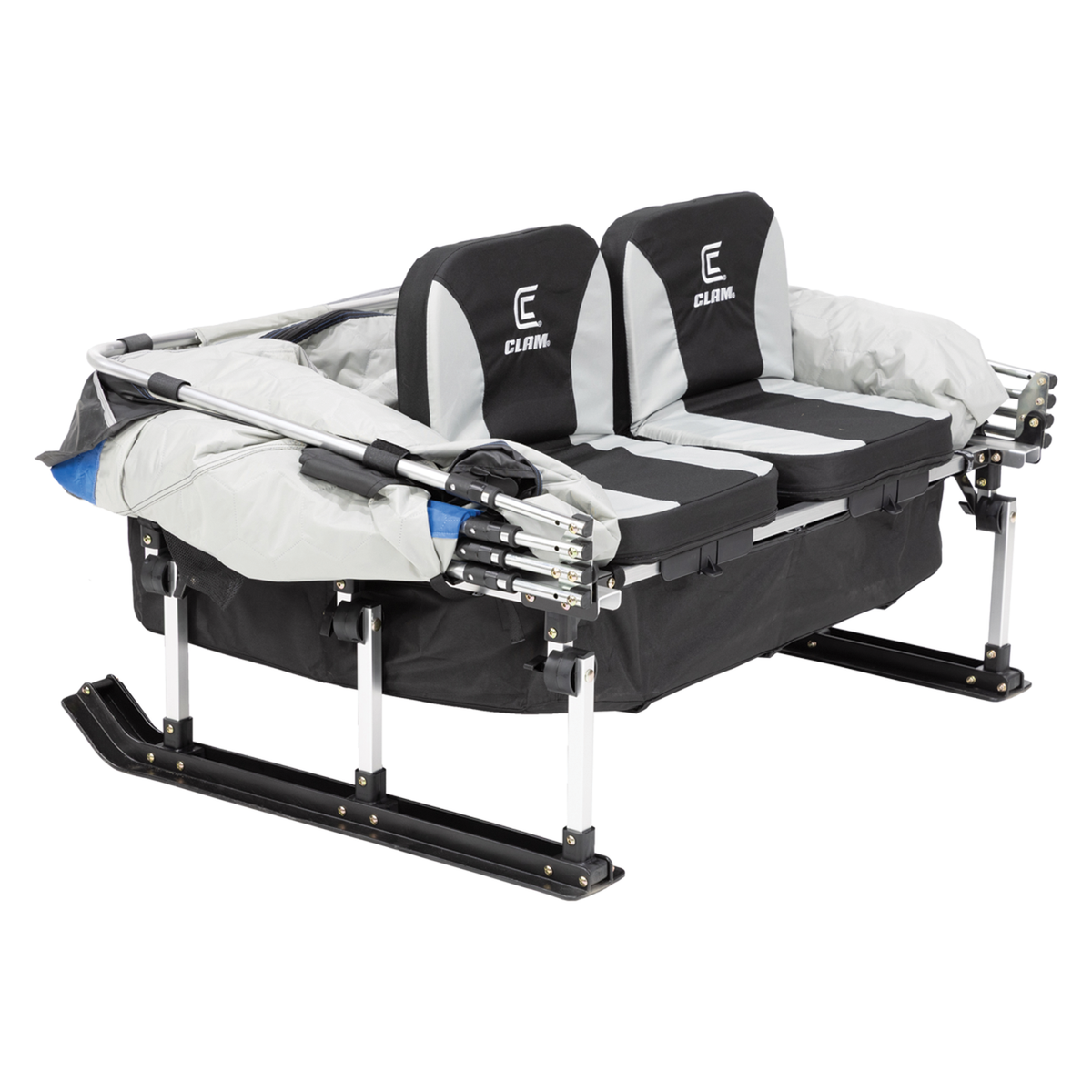 Clam PackTrap 2 portable two seat ice fishing shelter with insulated white cover black sled base padded seats and folding runners for winter fishing trips
