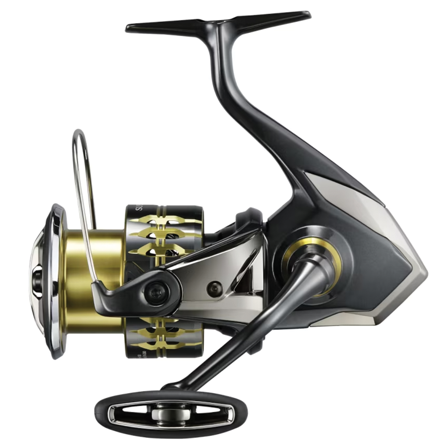 Black and gold Shimano Sustain FK spinning fishing reel with ergonomic handle and durable metal construction, designed for smooth performance with fishing rods and reels.