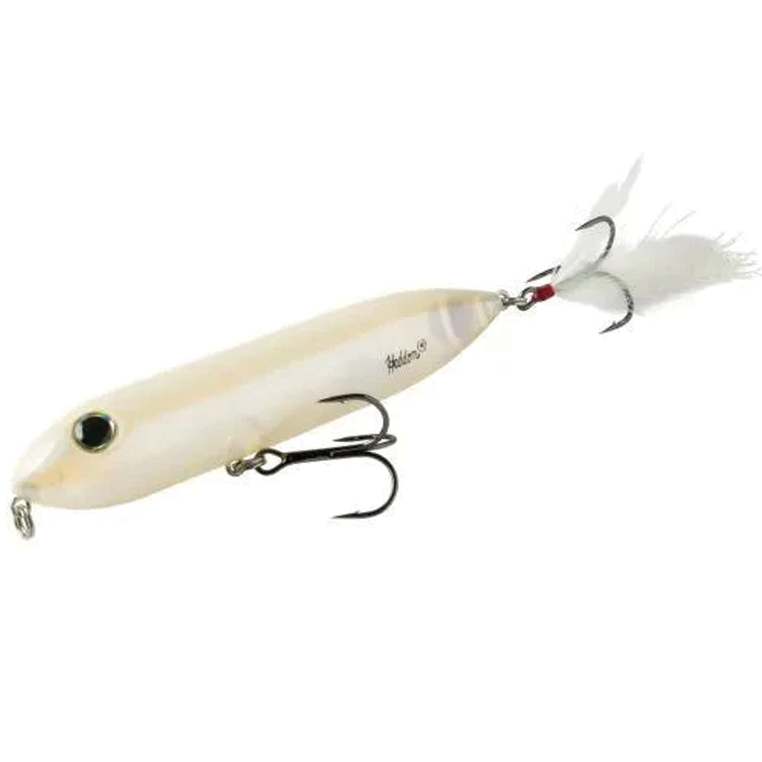 Heddon Super Zara Spook fishing lure in pearly white with two treble hooks, one featuring a feathered tail designed for musky and freshwater fishing tackle.