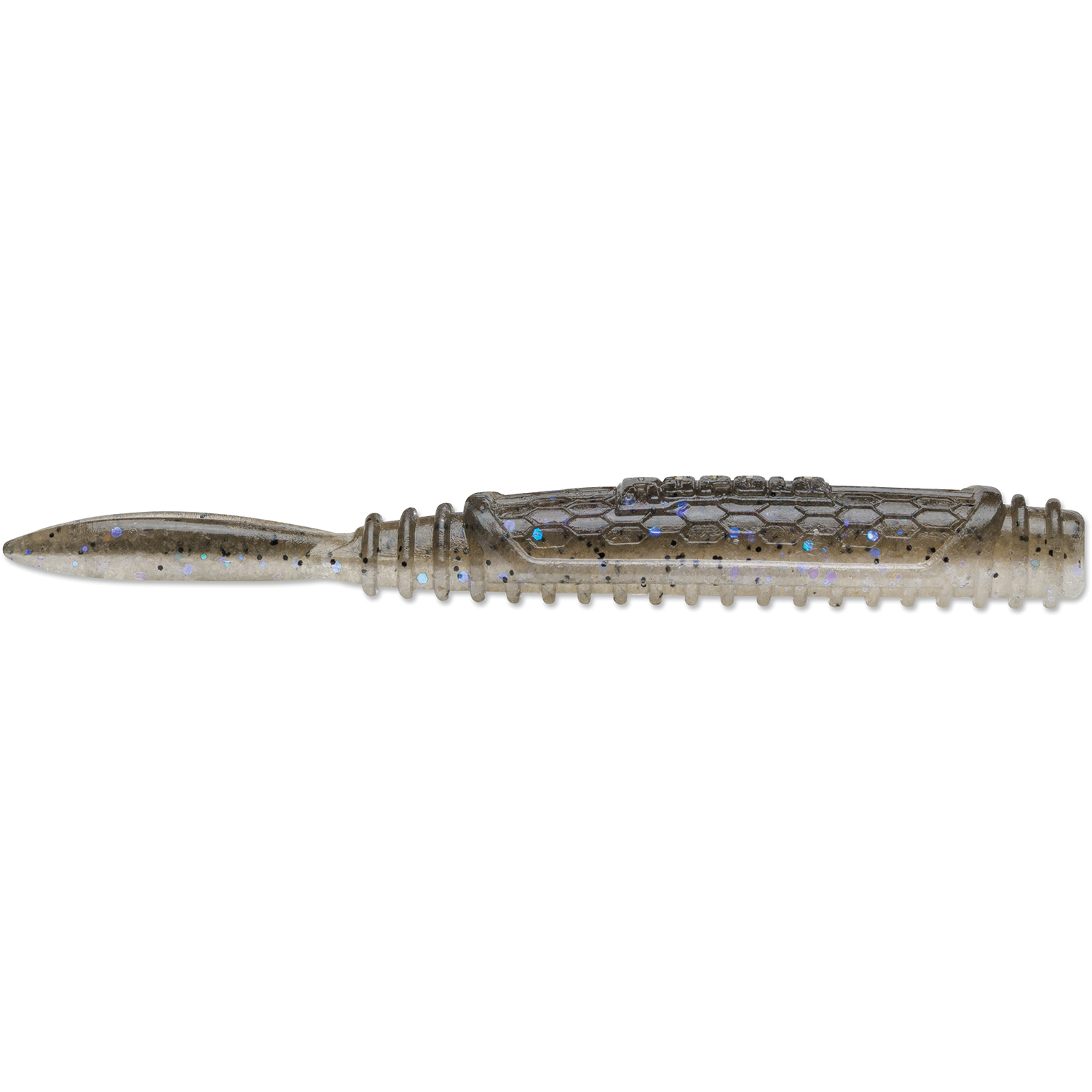 Rapala CrushCity Salted Ned Roll fishing lure in translucent gray with blue and black flecks, featuring a ribbed body and tapered tail for lifelike movement in water.