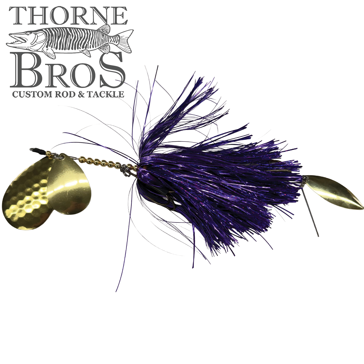 Hunsy Tails 8/10 Banger fishing lure with purple skirt and two gold spinner blades designed for musky fishing, featuring durable materials for effective fishing tackle use.
