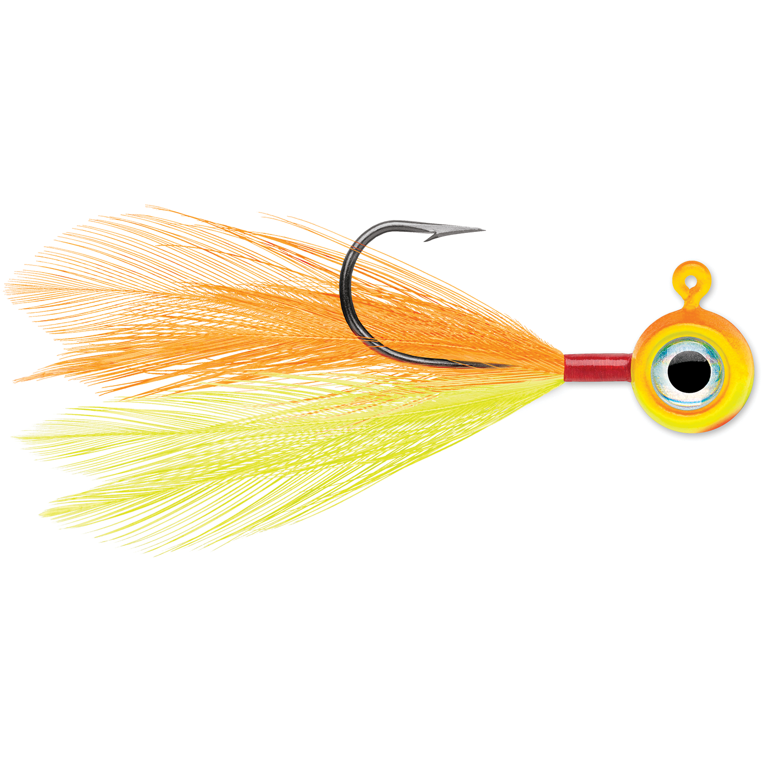 VMC Moon Fly Jig featuring a sharp single hook with vibrant orange and yellow feather accents and a brightly colored head designed for fishing tackle use.