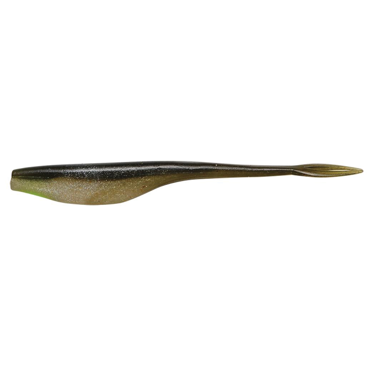 Megabass Sling Shad (5in) soft plastic fishing lure in natural green and brown tones, designed for lifelike movement to attract musky and other game fish.