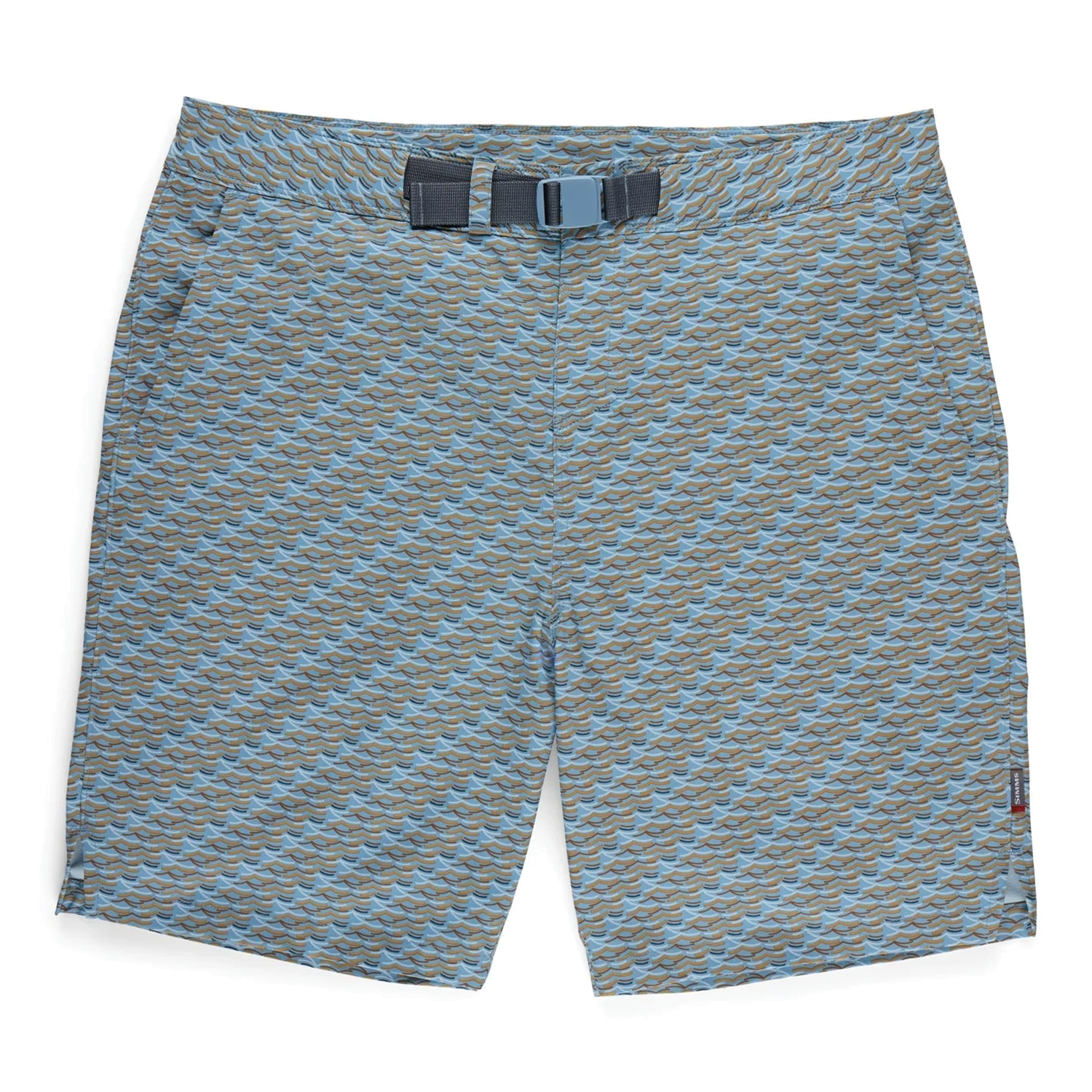 Simms Seamount Shorts - Men's in blue and brown pattern with an adjustable black belt, designed for comfort and durability in fishing and outdoor activities.