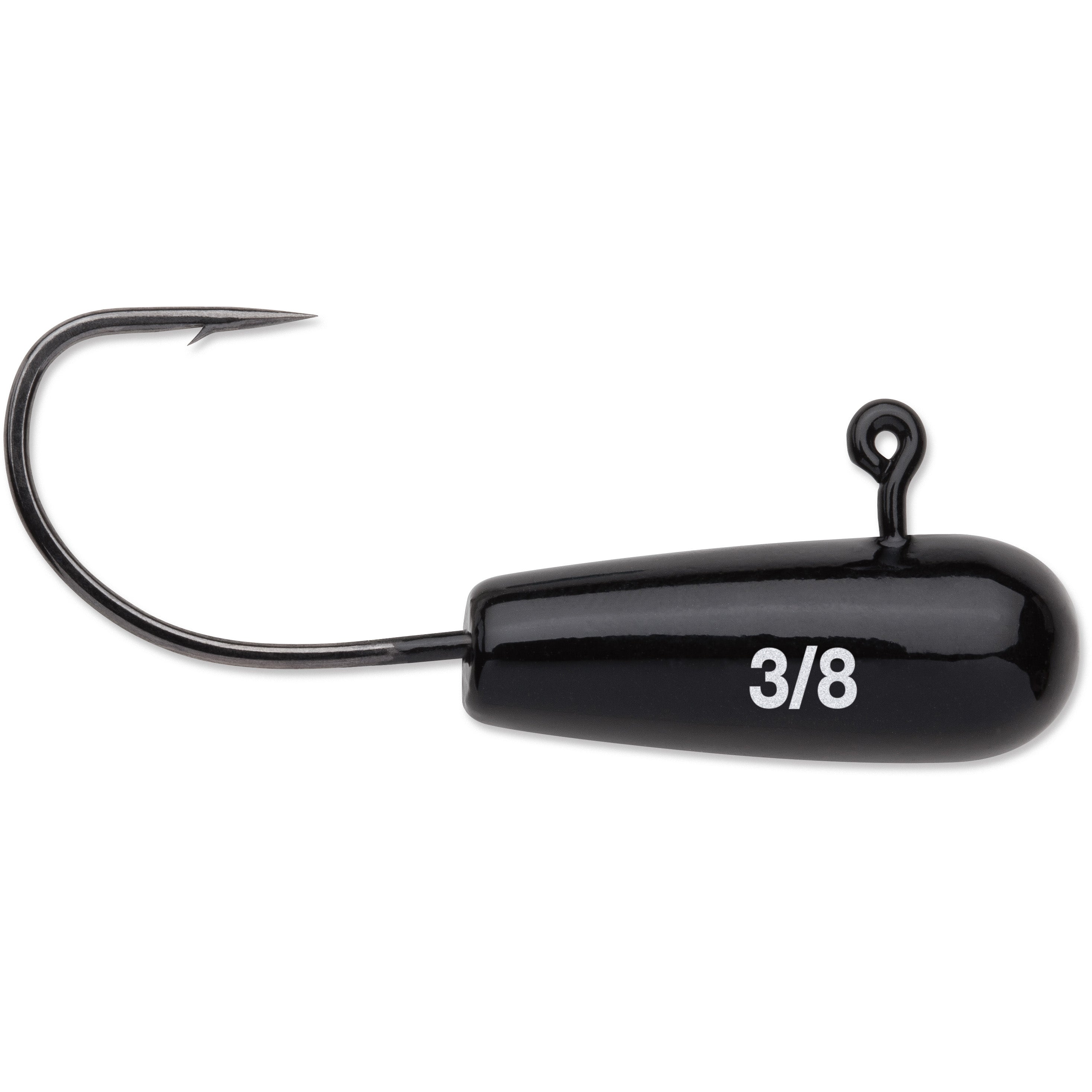 VMC Finesse Tube Jig in black with a sharp curved hook and 3/8 weight marking designed for precise fishing tackle use.
