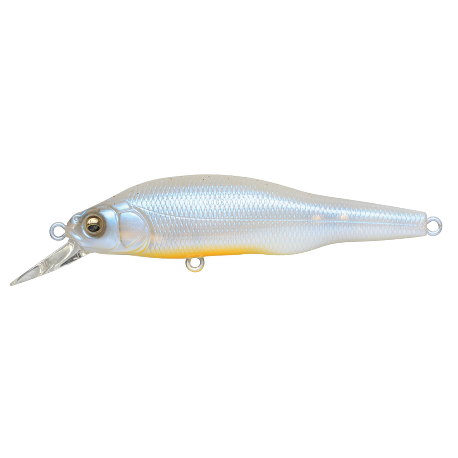 Megabass X-80 Trick Darter fishing lure with a sleek, elongated body in pearlescent white and silver tones, featuring detailed scales, realistic eyes, and a clear diving lip.