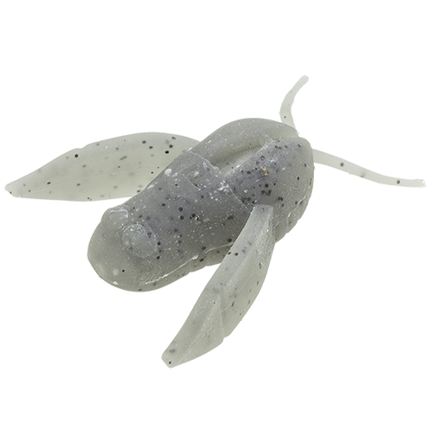 Soft plastic fishing lure in a translucent gray color with black speckles, designed to mimic a small aquatic creature, labeled "Nories 2" Clionex" for fishing tackle use.
