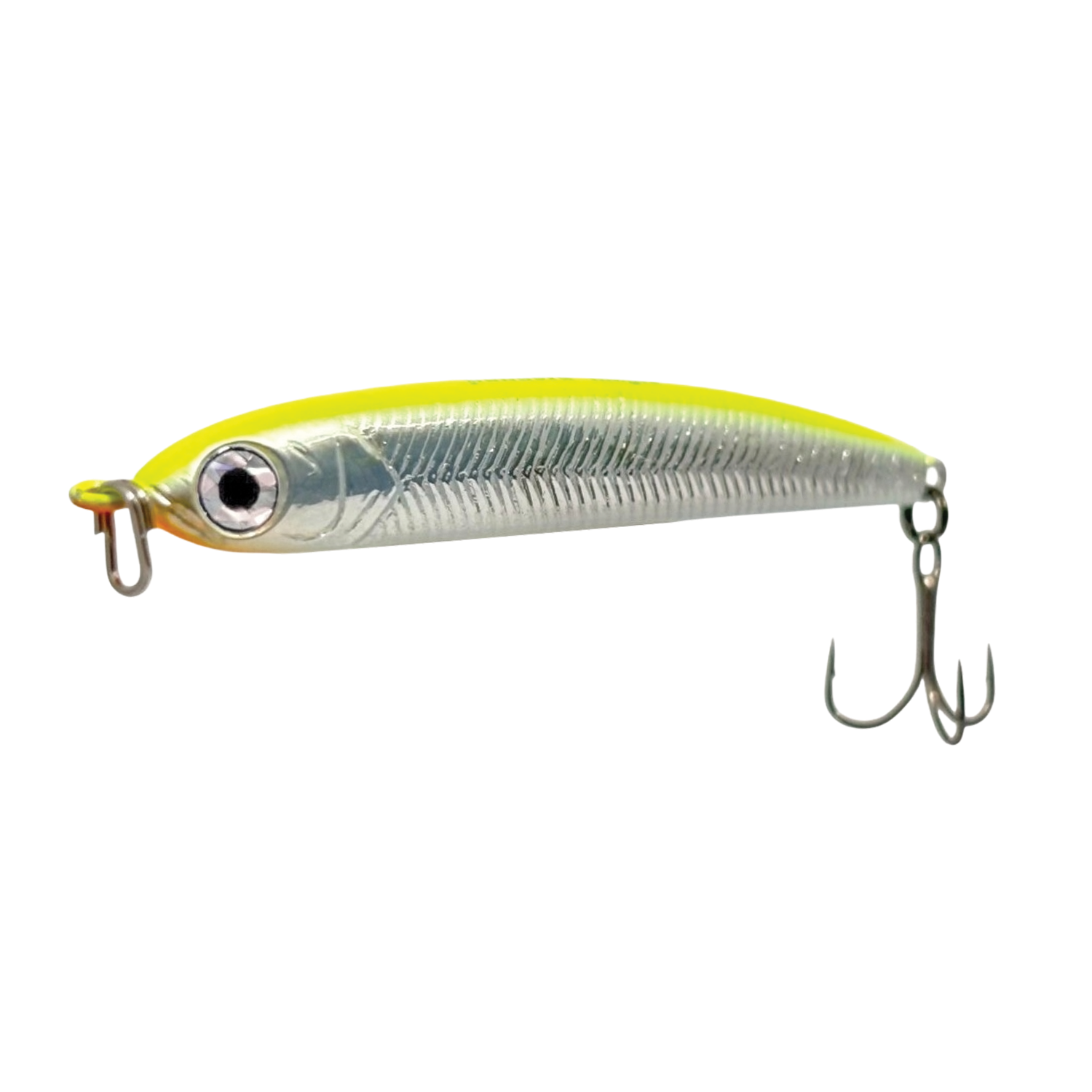 Fishing lure with a yellow top and silver body on a white background