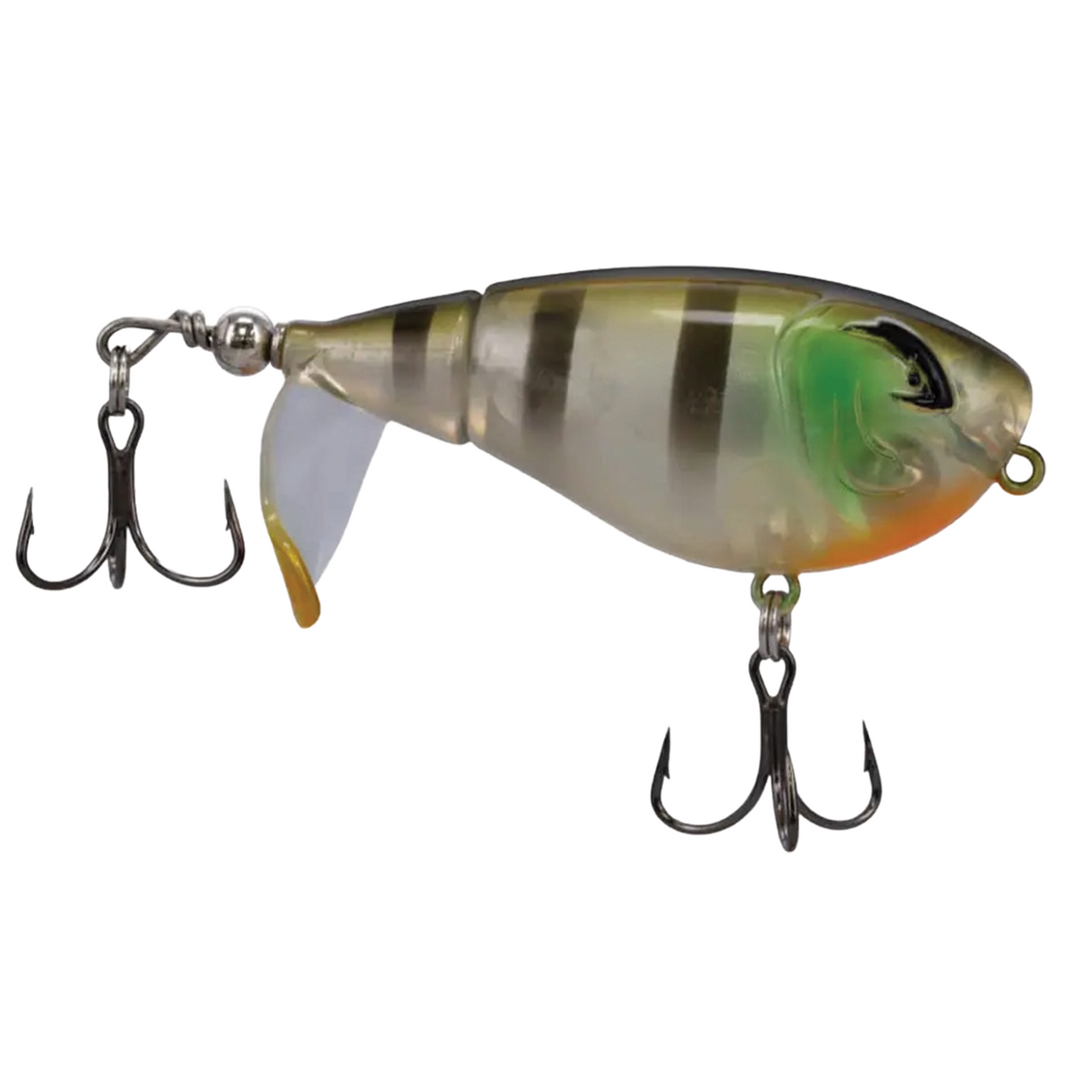 Bill Lewis Baby Bubbler 55 fishing lure with a green, silver, and orange body, two treble hooks, and a clear paddle tail for lifelike movement in water.