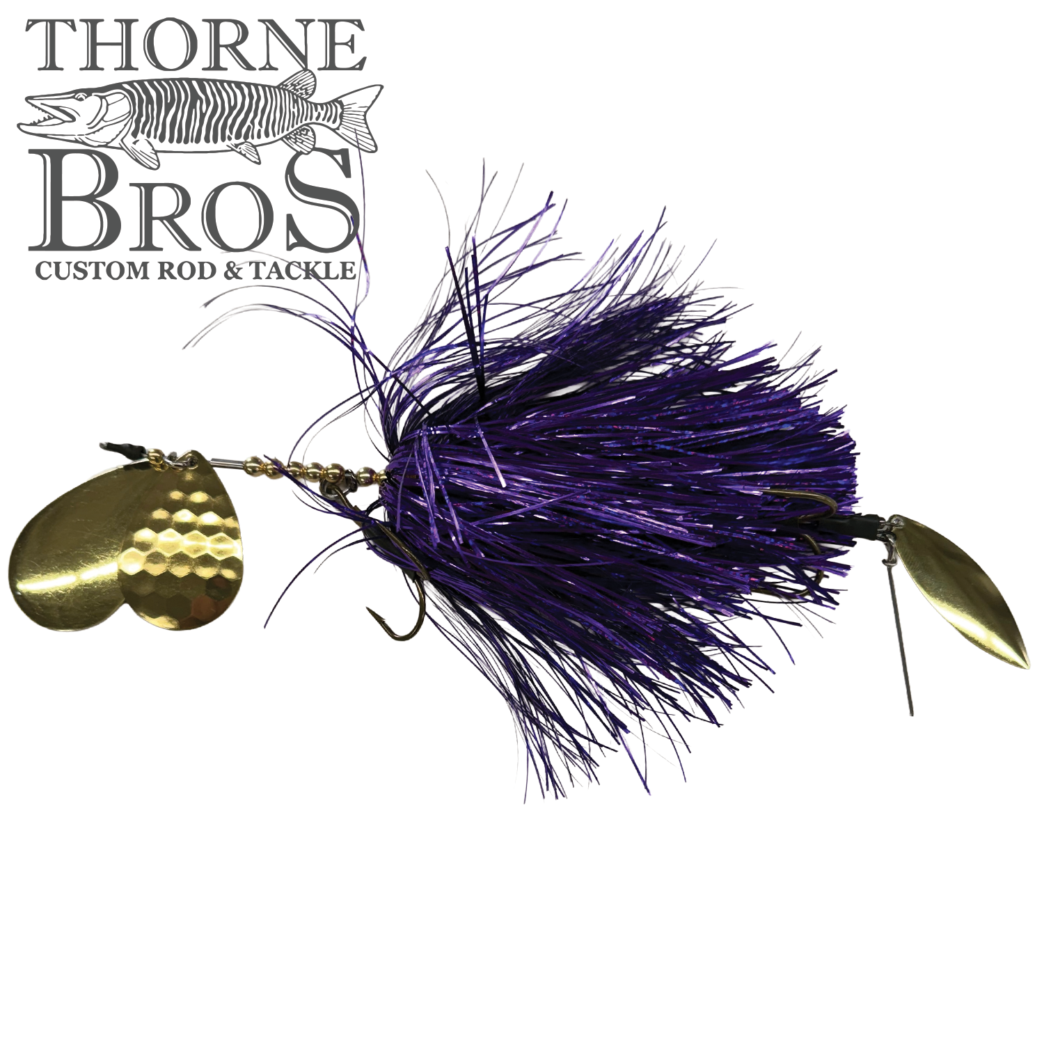Hunsy Tails 8/9 Banger fishing lure in purple with metallic gold spinner blades, designed for musky fishing, featuring a detailed feather skirt and sharp hooks.