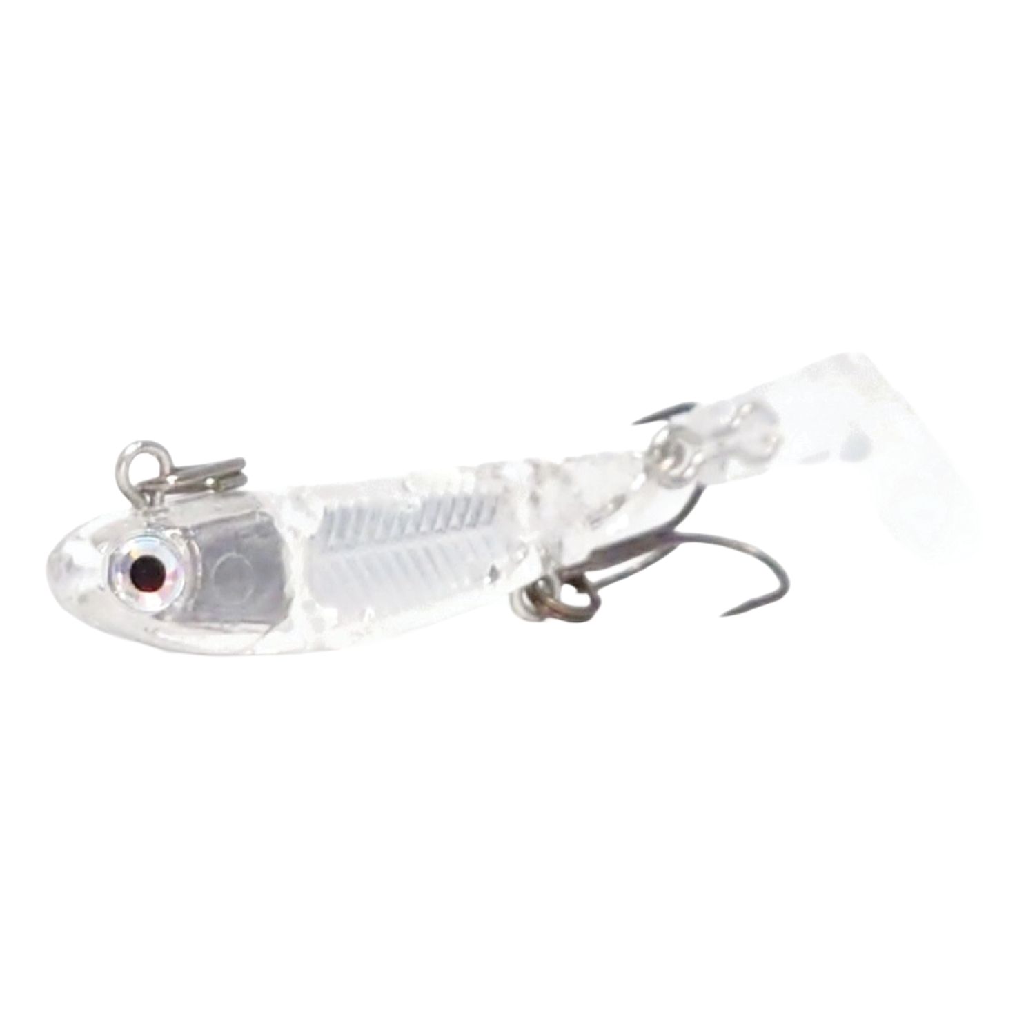 Clear fishing lure featuring detailed eyes and a jointed body with dual hooks, designed as the HMKL I-Bull 30 for effective fishing tackle use.
