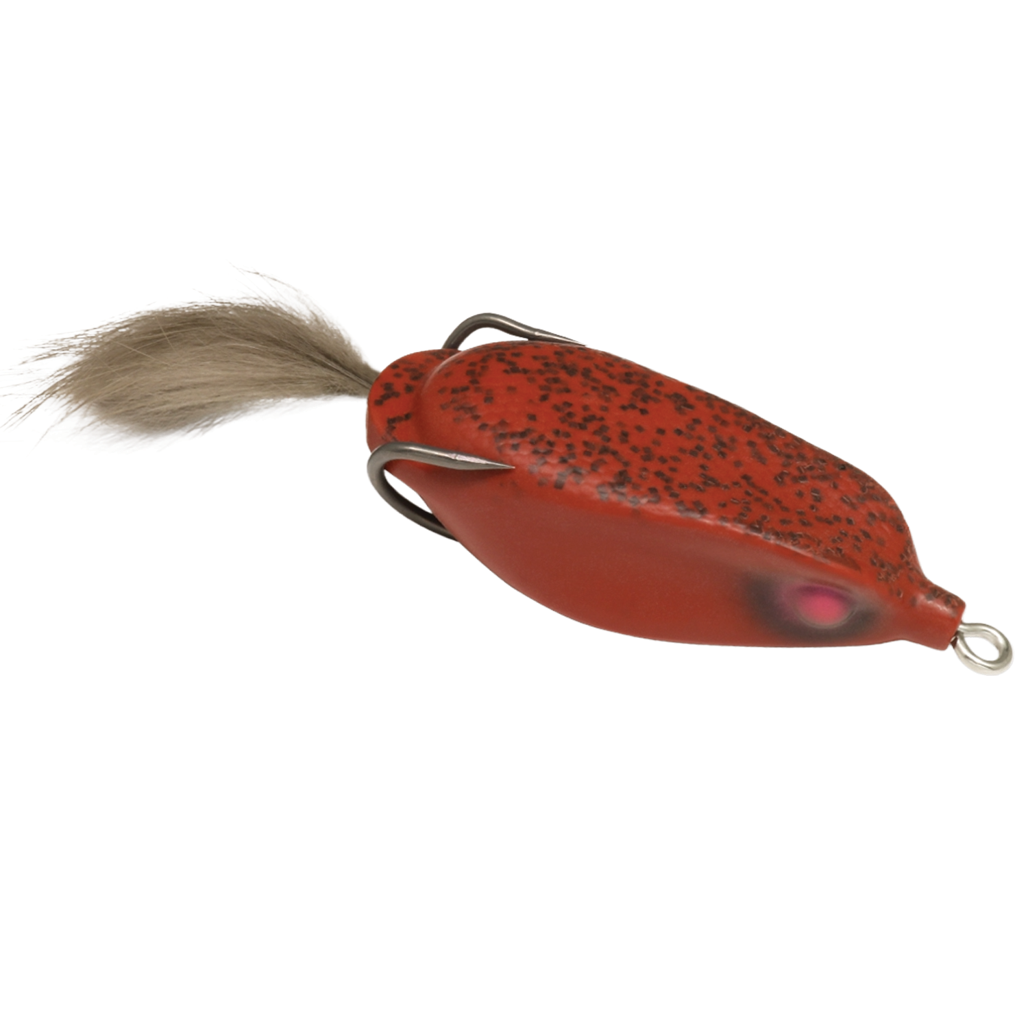 Deps Slither K Hollow Body Frog fishing lure in red with black speckles, featuring a hollow body design, dual hooks, and a fur tail for realistic musky fishing action.