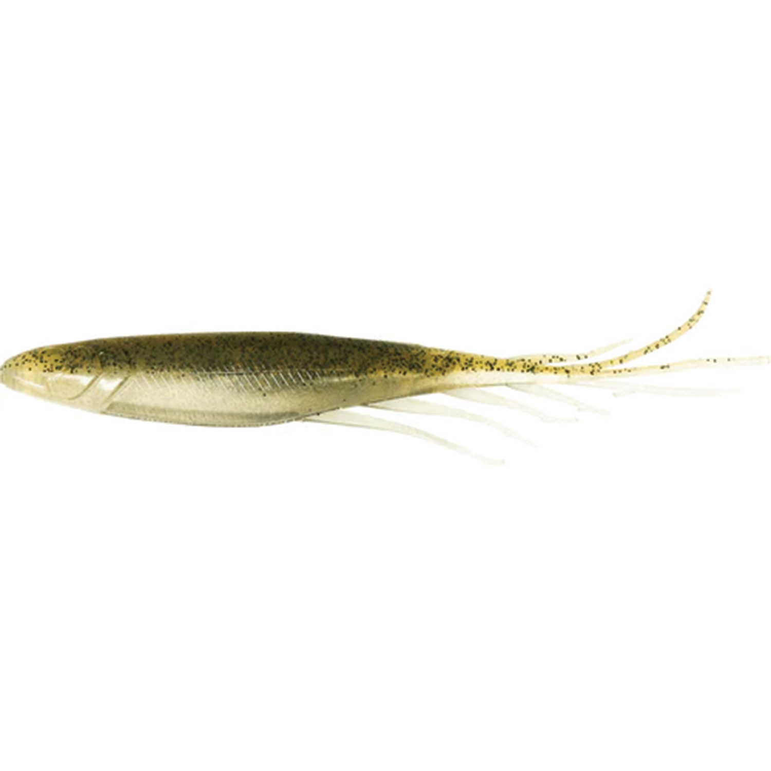 Hideup Judy Fish 5.2" soft plastic fishing lure with a slender, tapered body and long, thin tail strands featuring a translucent olive-green color with speckled details.