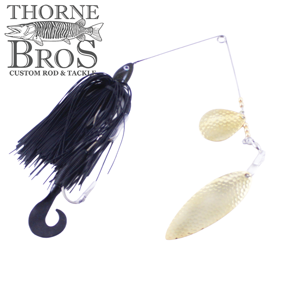 Ace Baits Big Ace Spinnerbait with black skirted hook and two hammered silver blades for musky fishing tackle