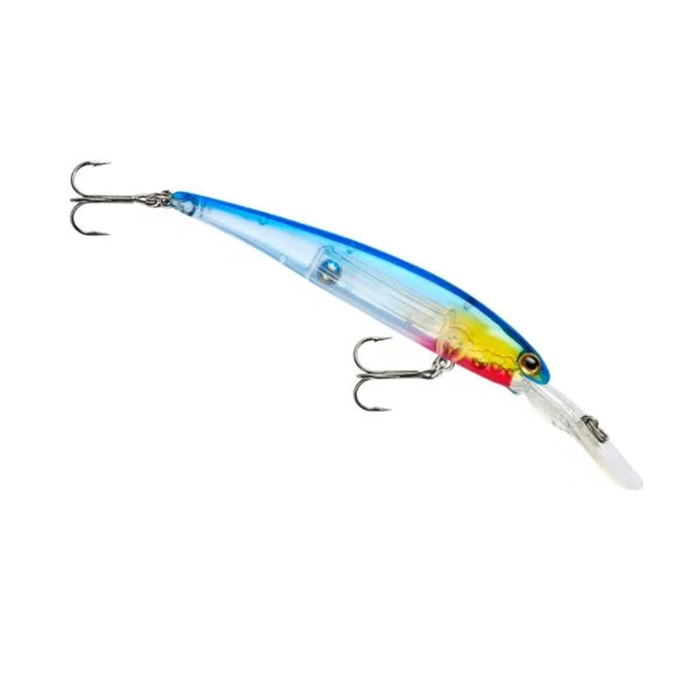 Bandit B-Shad fishing lure in translucent blue, yellow, and red with two treble hooks and a clear diving lip designed for effective fishing tackle use.