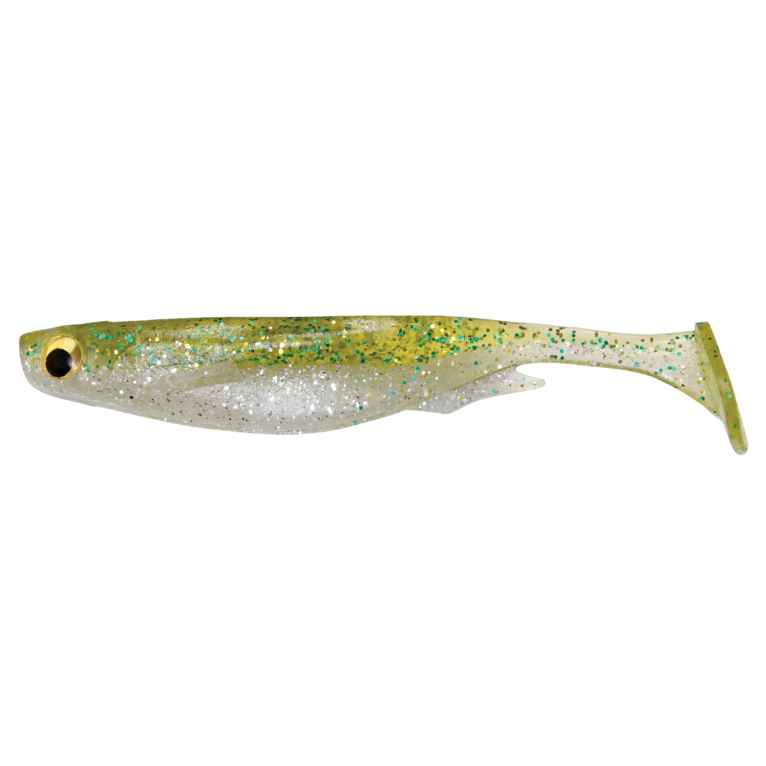 Megabass Spark Shad USA soft fishing lure in translucent beige with green and silver glitter, designed to mimic a small baitfish for effective fishing tackle use.