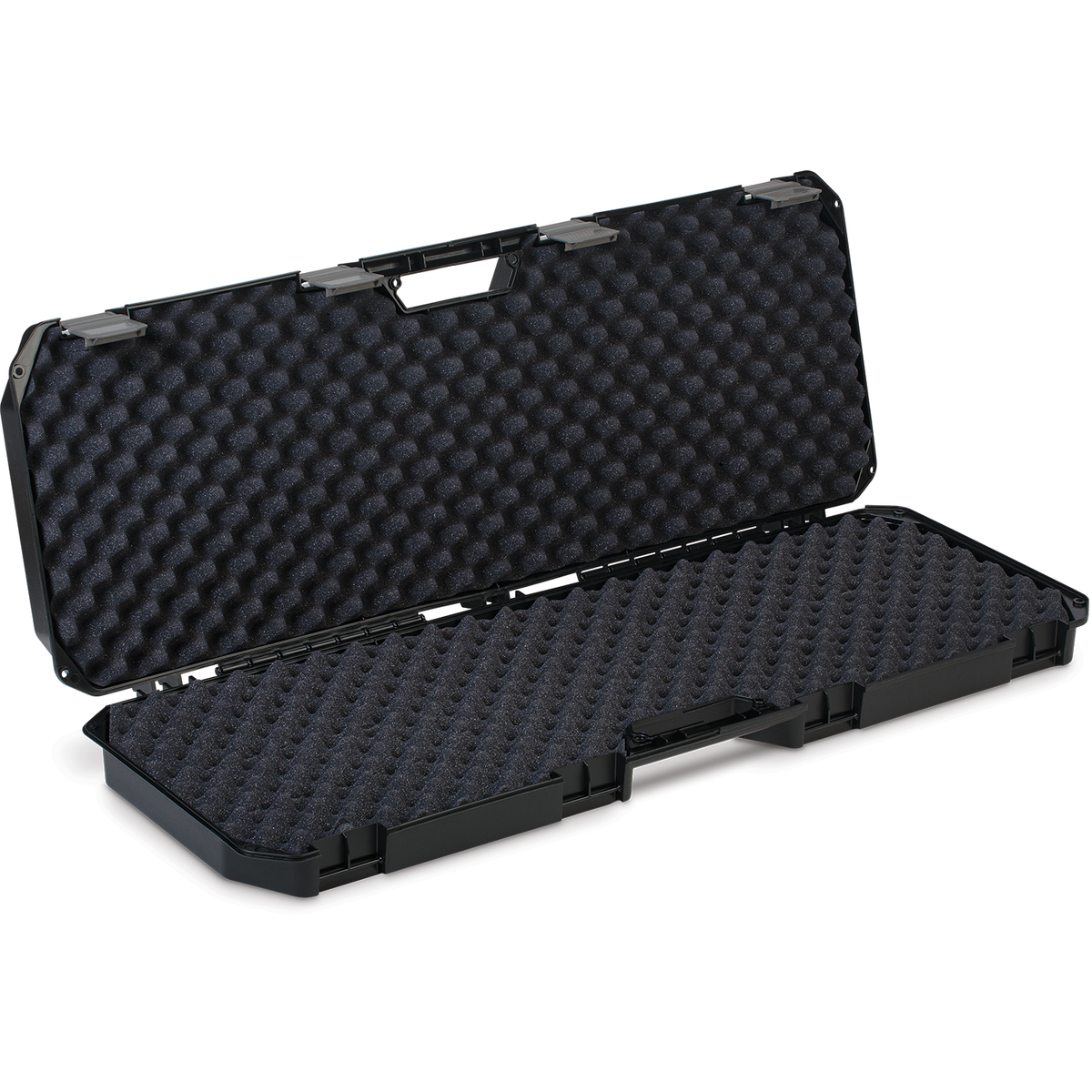Rapala Hard Sided 41" Ice Rod Case shown open with black egg crate foam interior, designed for secure protection of fishing rods and reels during transport and storage.