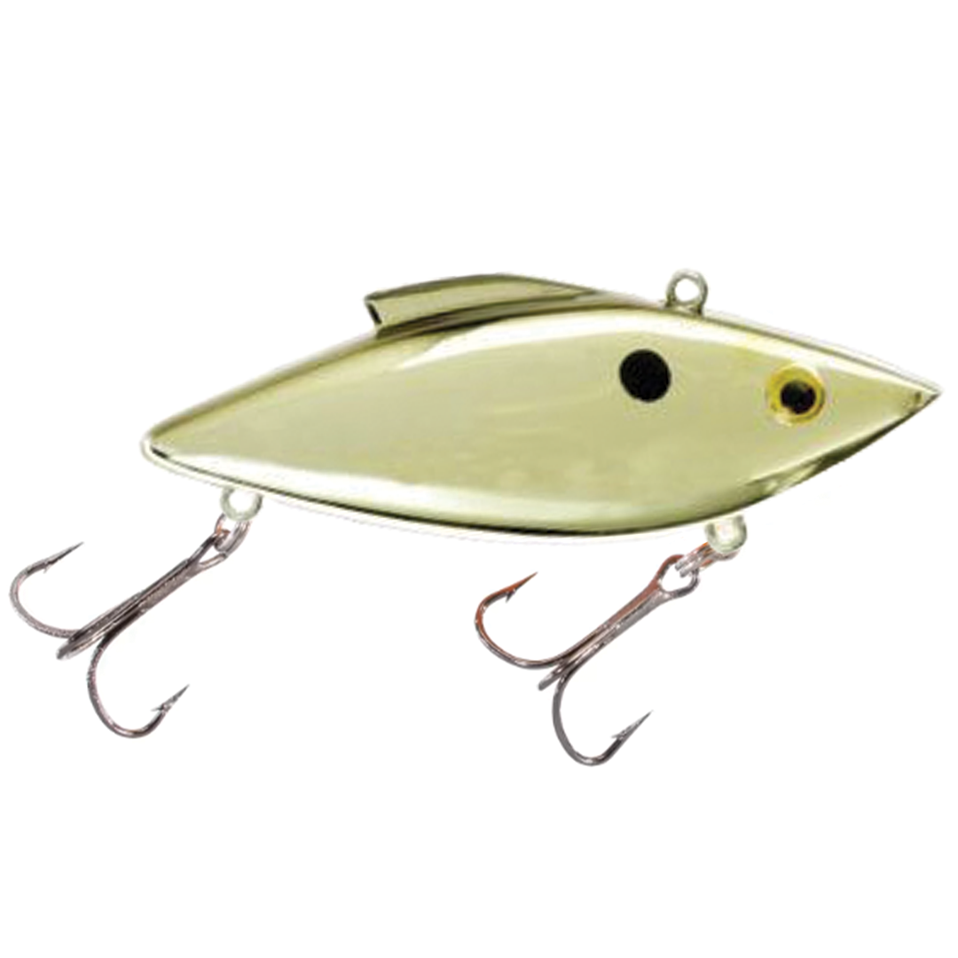 Bill Lewis Rat-L-Trap - Magnum Force fishing lure in metallic gold with black eye and two treble hooks, designed for effective musky fishing tackle.