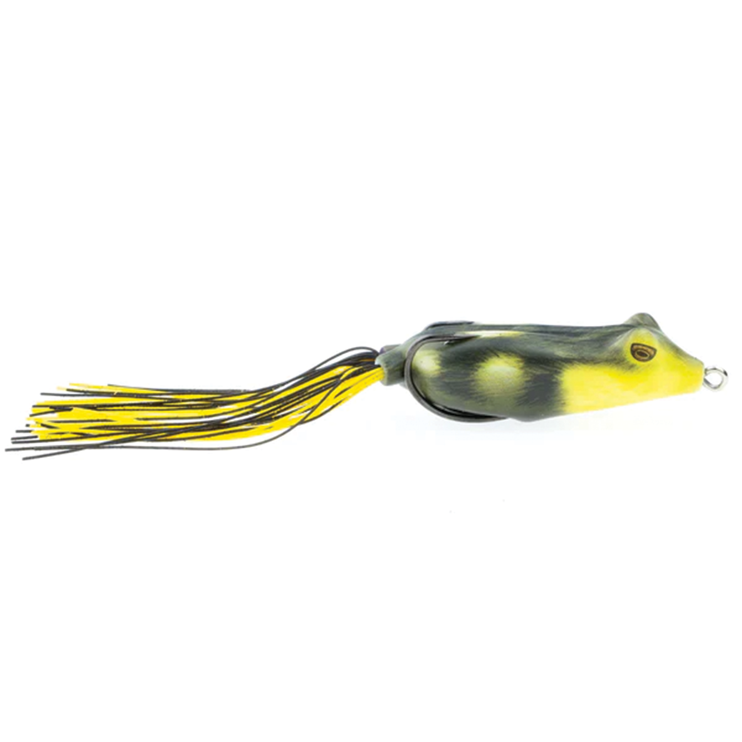 Snag Proof Phat Frog fishing lure designed to imitate a frog with lifelike green and yellow coloring and a flexible skirted tail for musky fishing tackle.