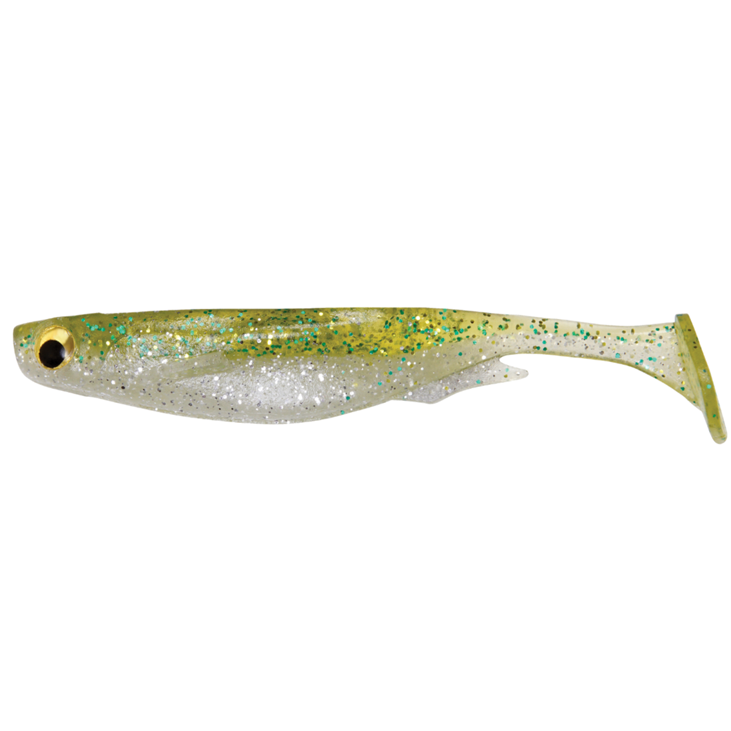 Megabass Spark Shad soft fishing lure with a translucent body featuring green and silver glitter, designed to mimic a small baitfish for attracting various fish species.