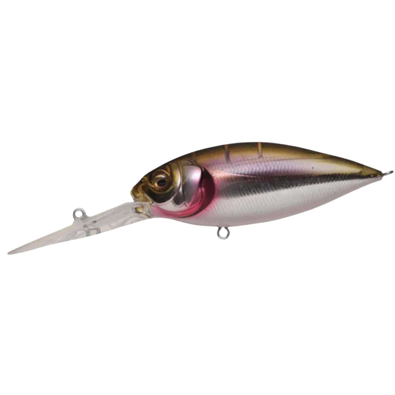 Megabass Deep-X 300 fishing lure with a realistic fish design in shades of purple, gold, and silver, featuring a long clear diving lip for deep water fishing.