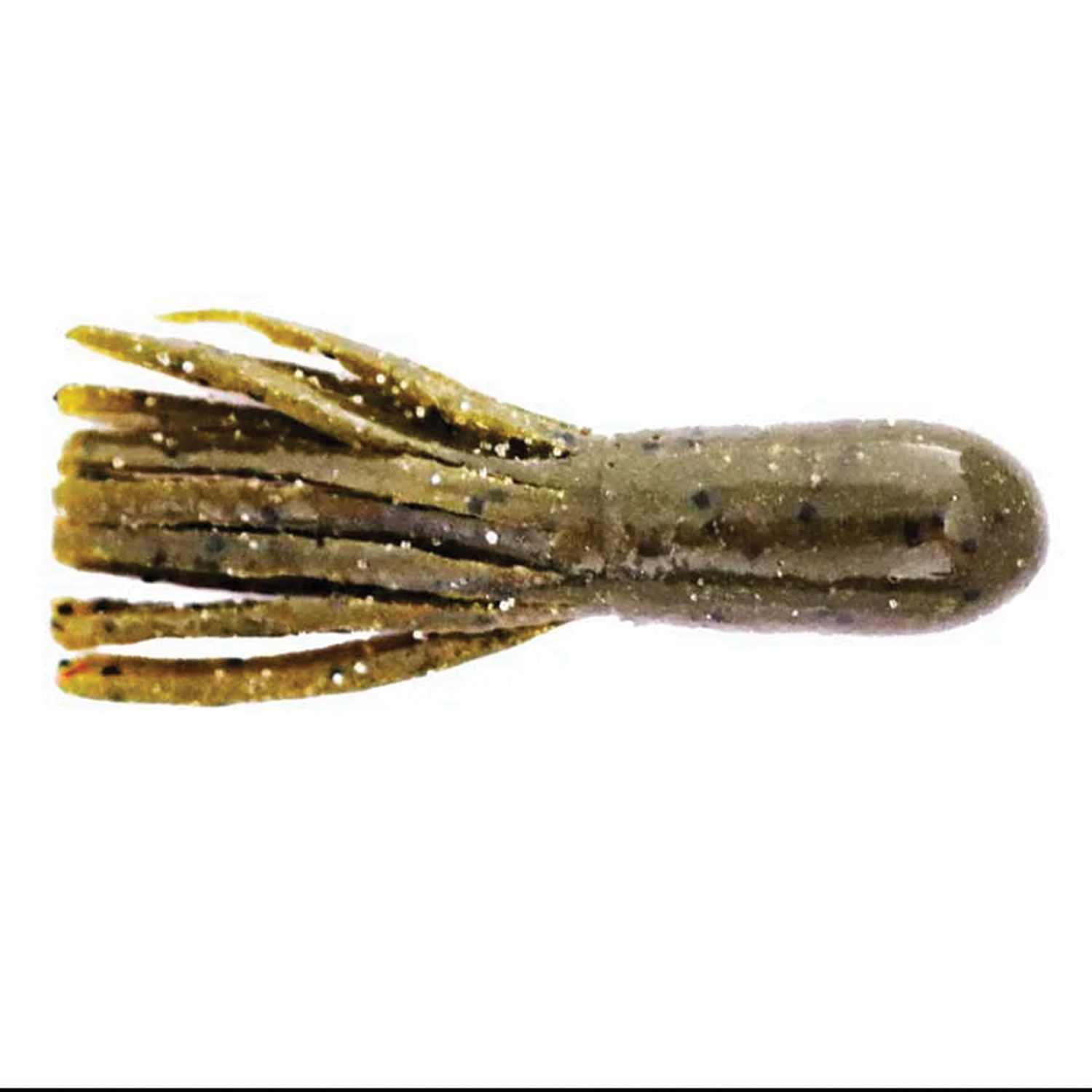 X-Zone 2.25" Scented Stealth Tubes fishing lure in olive green with black speckles, designed for use as fishing tackle in musky and other freshwater fishing.