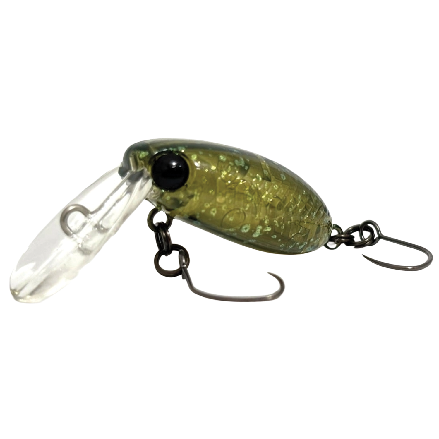 HMKL Inch Crank TR is a green translucent fishing lure with black eyes, featuring two sharp metal hooks and a clear plastic lip designed for angling.