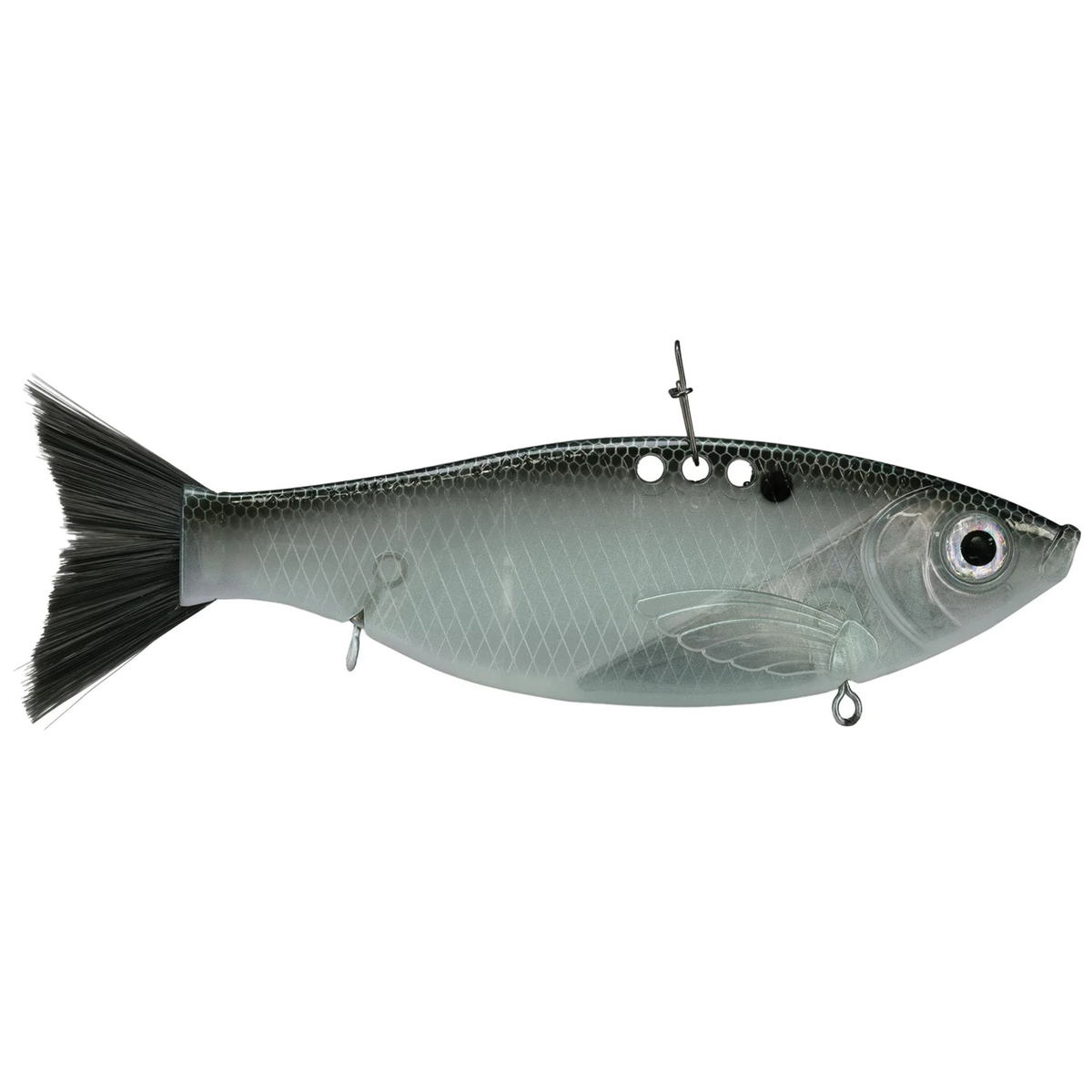 Bill Lewis Big Gizz fishing lure in gray and black with lifelike fish design, detailed fins, and realistic eyes, ideal for musky fishing tackle and lure collection.