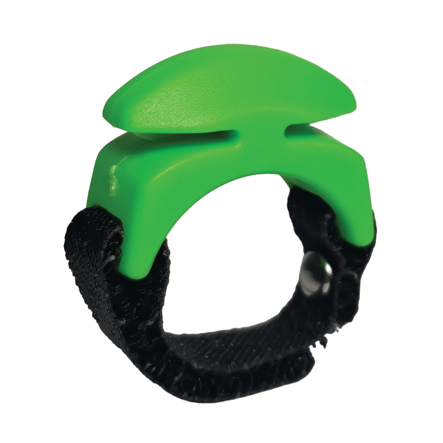 Green plastic Line Cutterz Ring (Ceramic Blade) fishing accessory with adjustable black fabric strap designed for safe and easy fishing line cutting.
