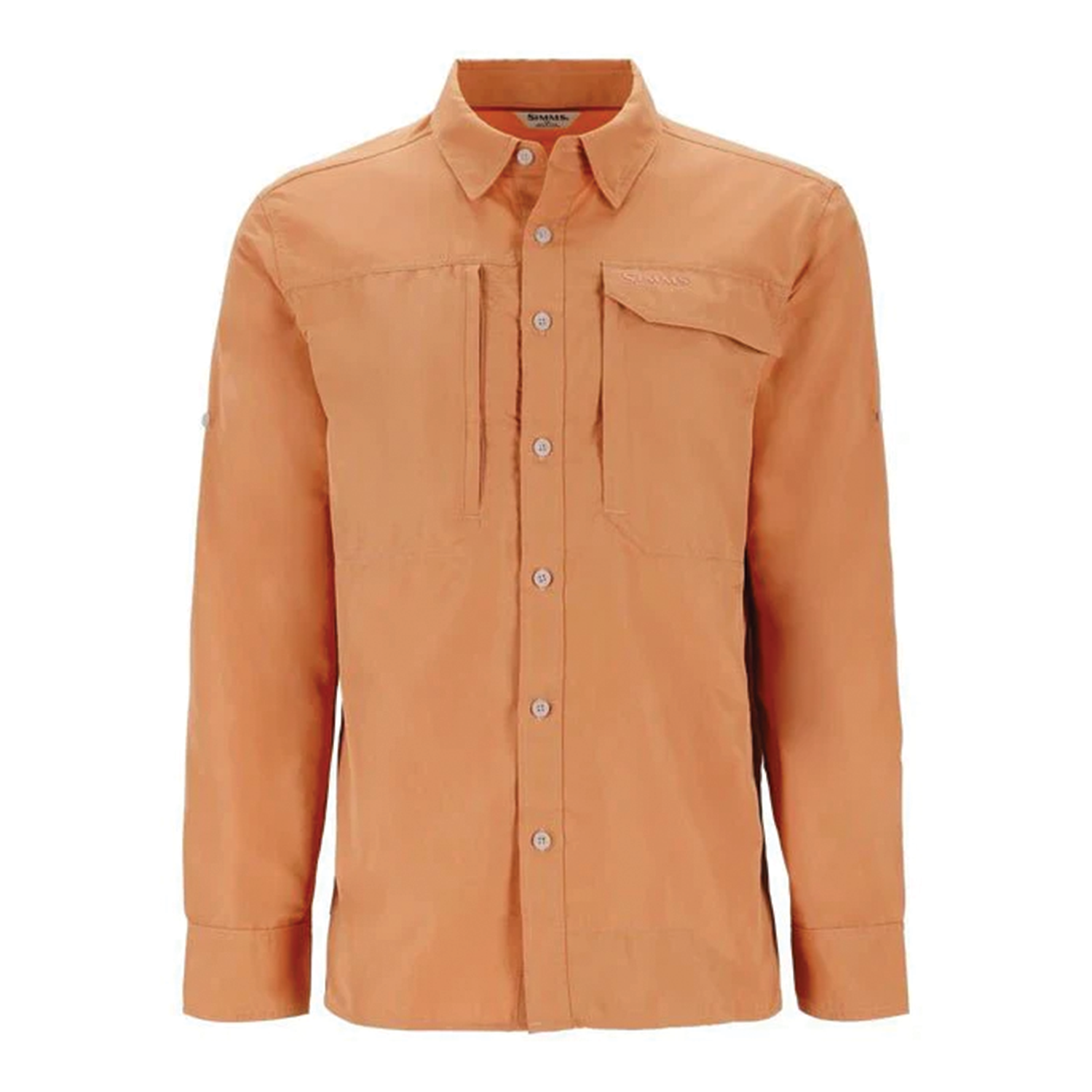 Simms Guide Shirt - Men's in light orange color featuring long sleeves, button-down front, chest pockets, and designed for fishing and outdoor activities.
