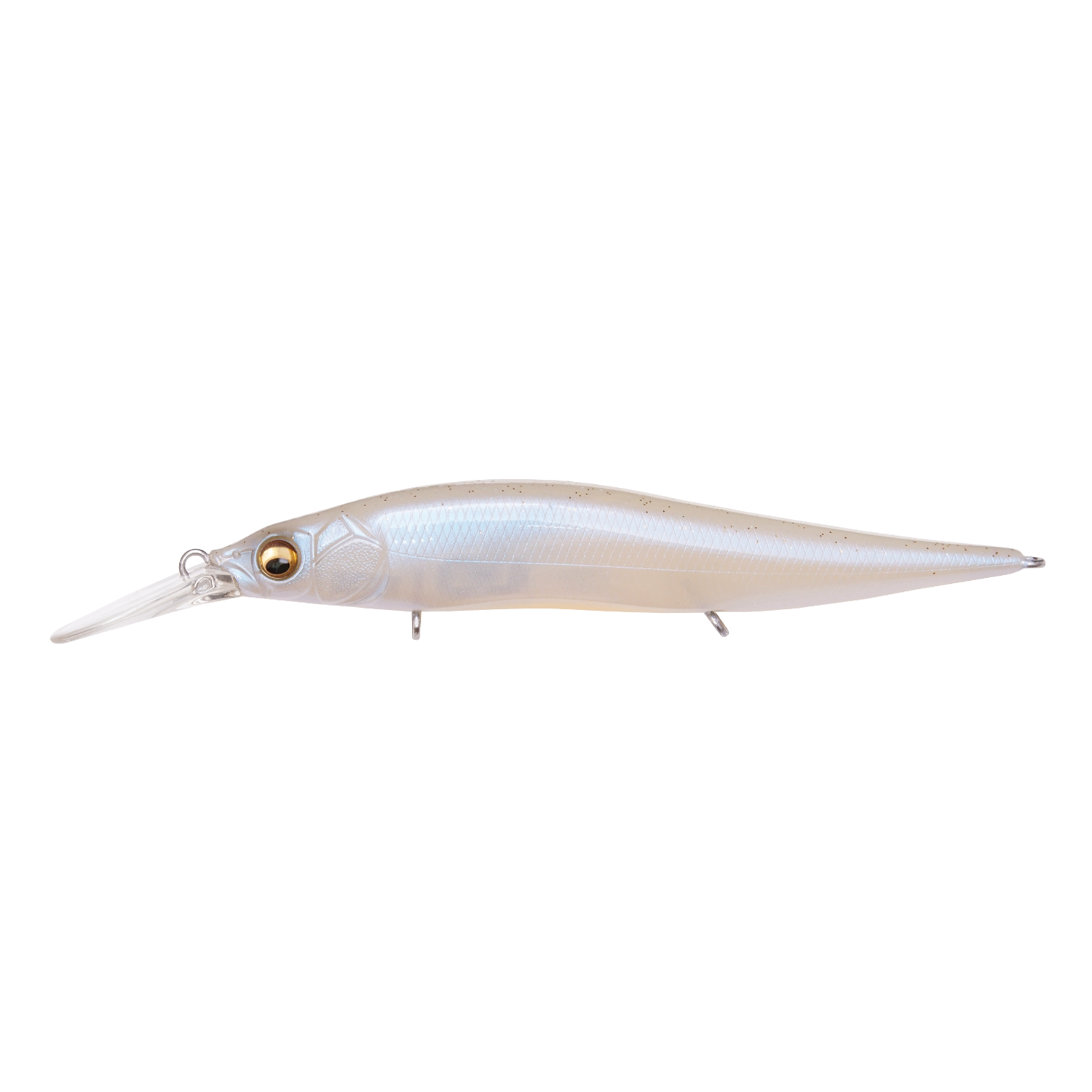 Megabass Vision 110+1 Jr. fishing lure in translucent pearl white with realistic fish detailing, designed for effective musky fishing tackle.