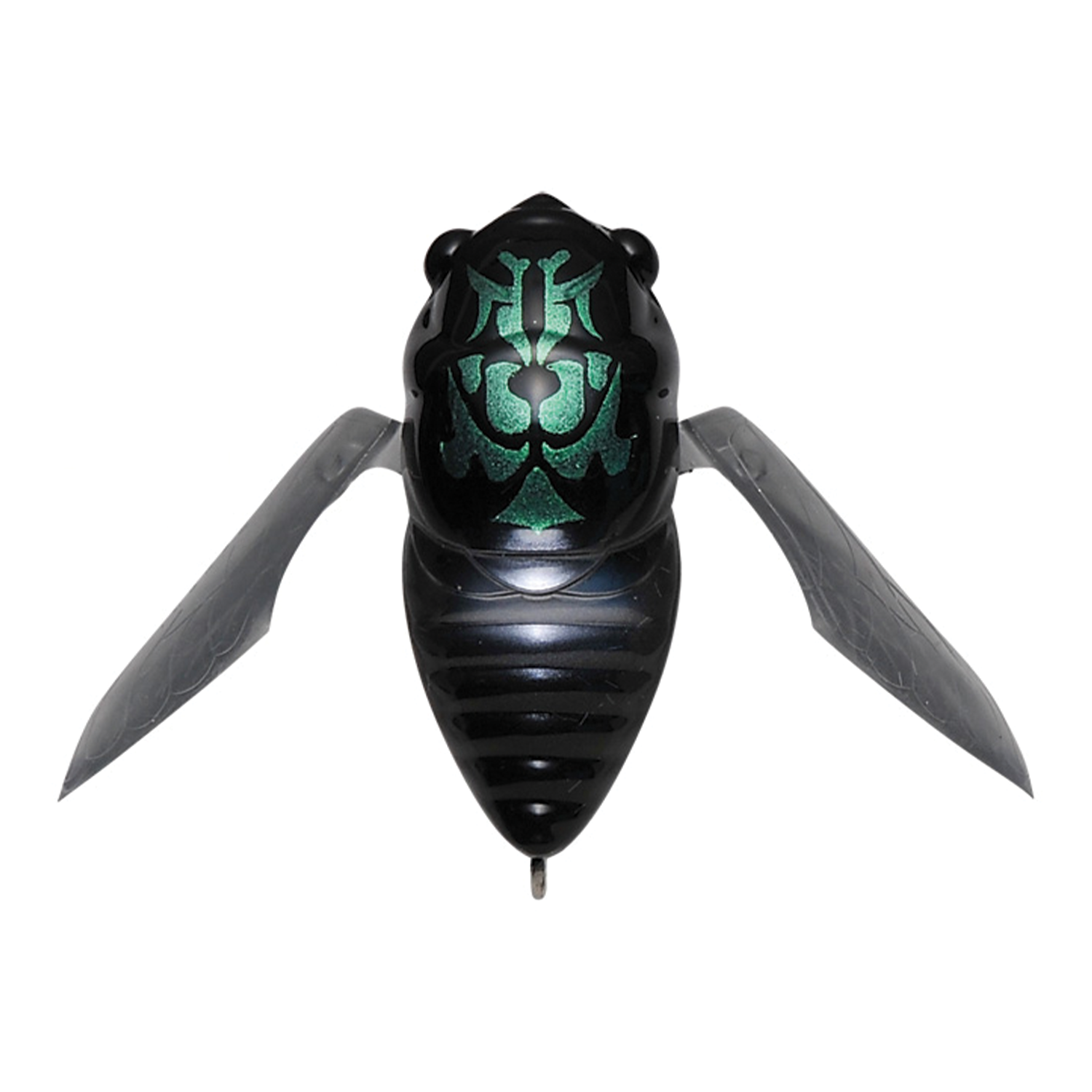 Megabass Grand Siglett topwater fishing lure with black and green detailed body and translucent wings designed for attracting musky and other game fish.