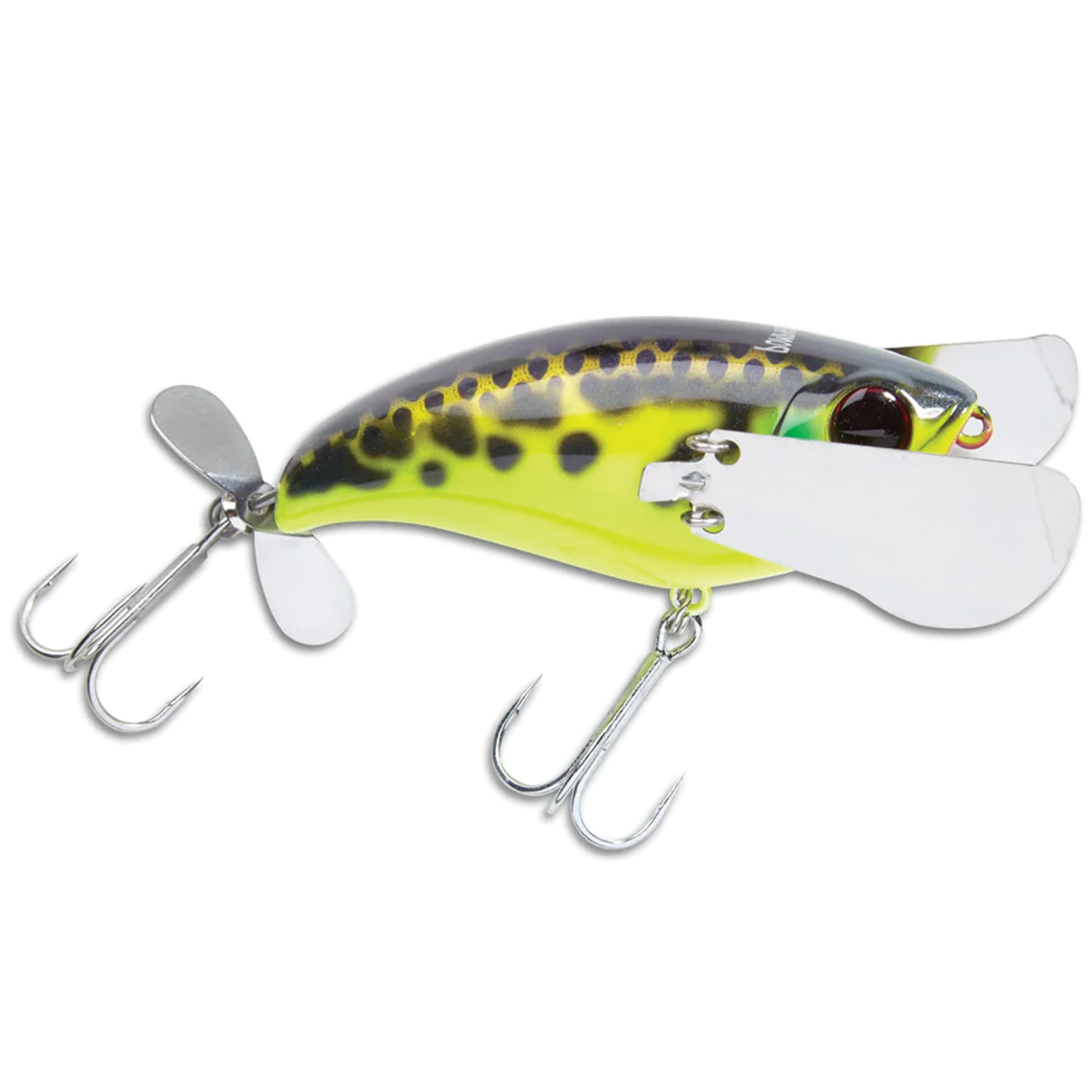 Close-up of a Jackall Pompadour fishing lure featuring a yellow and green body with black spots, two treble hooks, dual metal propellers, and clear diving lips for freshwater fishing.