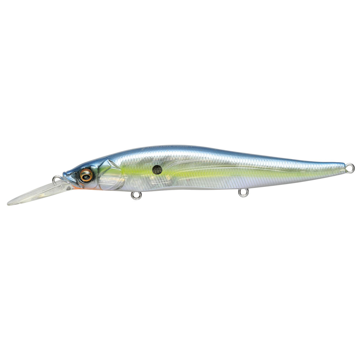 Megabass Vision 110+1 fishing lure in a sleek silver and blue design with realistic eye detail and a long diving lip for deep water fishing.