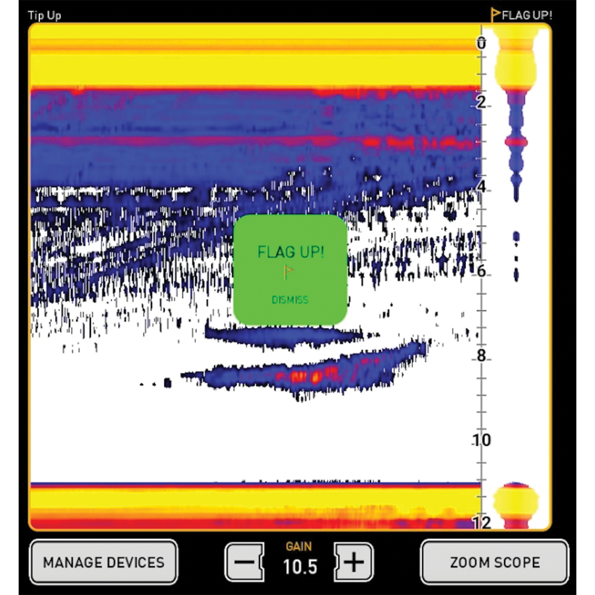 Display screen of the Vexilar Sidekick Wi-Fi Sonar (12° Ice-Ducer & Float) showing underwater depth readings, sonar imaging with color-coded layers, and interface options for managing devices and zooming scope.