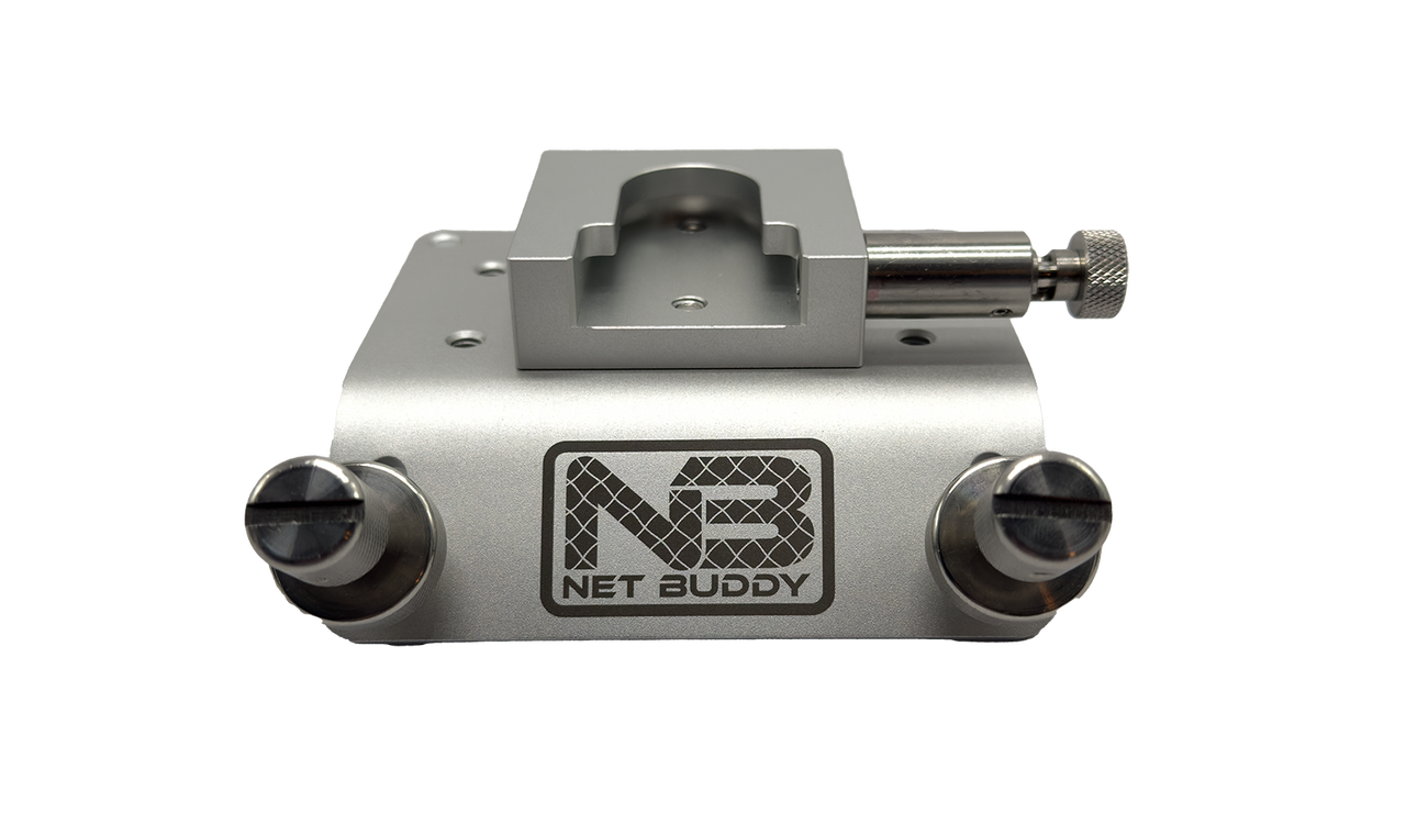Net Buddy Mounts w/ Clamp in silver metal with two black knobs and a tightening screw, designed for secure attachment of fishing nets or gear.