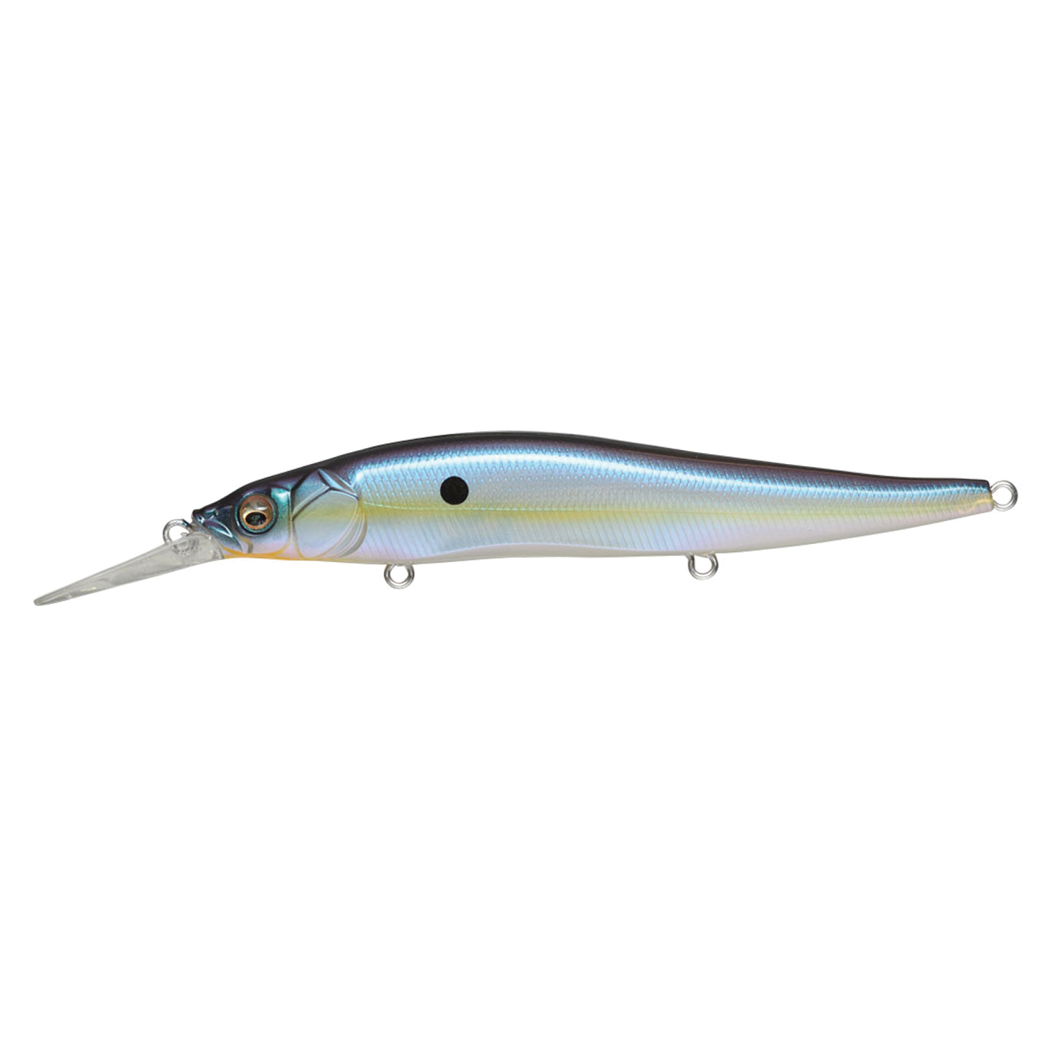 Megabass Vision 110+1 fishing lure in a sleek blue and silver finish with a detailed fish eye and long diving lip, designed for premium fishing tackle use.