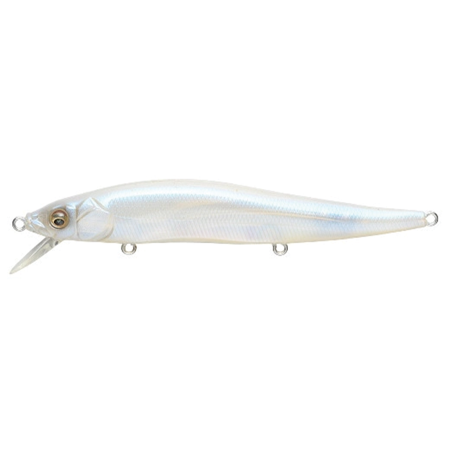 Clear translucent white fishing lure with realistic fish eye and three attachment points, designed for musky fishing, identified as Megabass Vision 110.