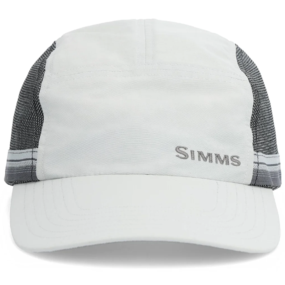 Simms Superlight Flats Cap in light gray with black mesh side panels, embroidered Simms logo on the front, designed for lightweight comfort during fishing activities.